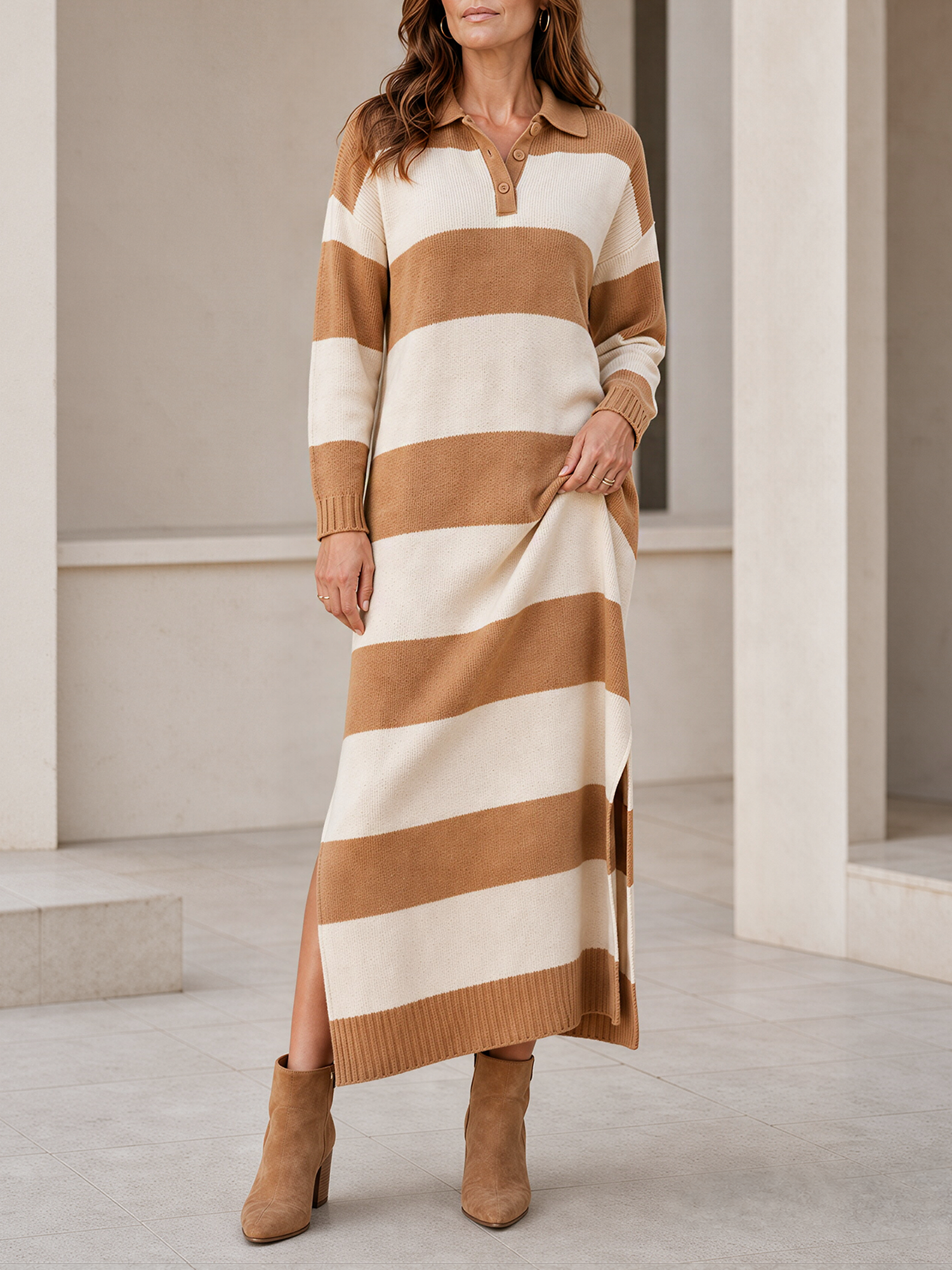Cream Camel Stripe Polo Collar Side Slit Knit Maxi Dress