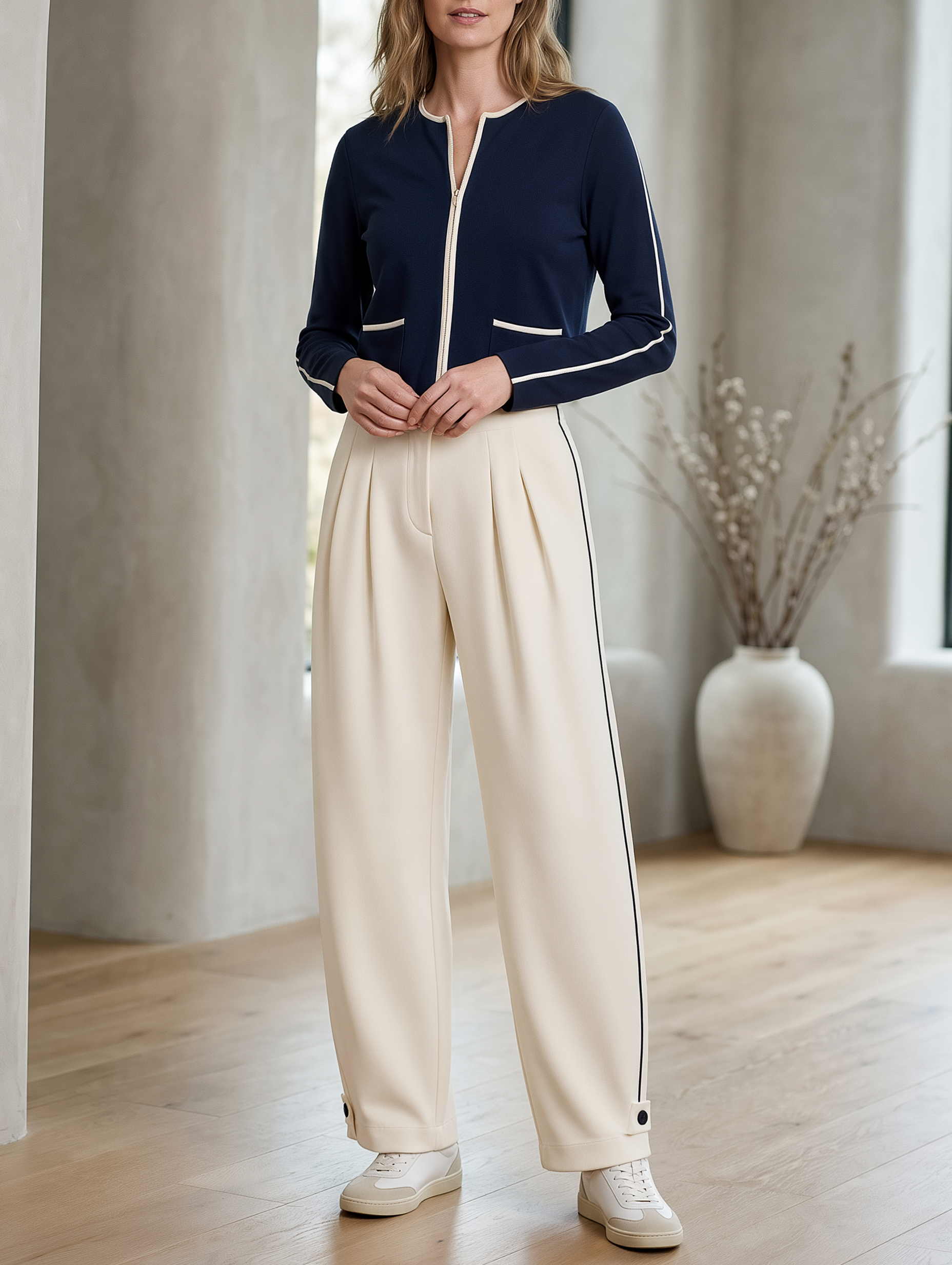 Navy Zip-up Knit Jacket And Off-white Wide-leg Trousers Set