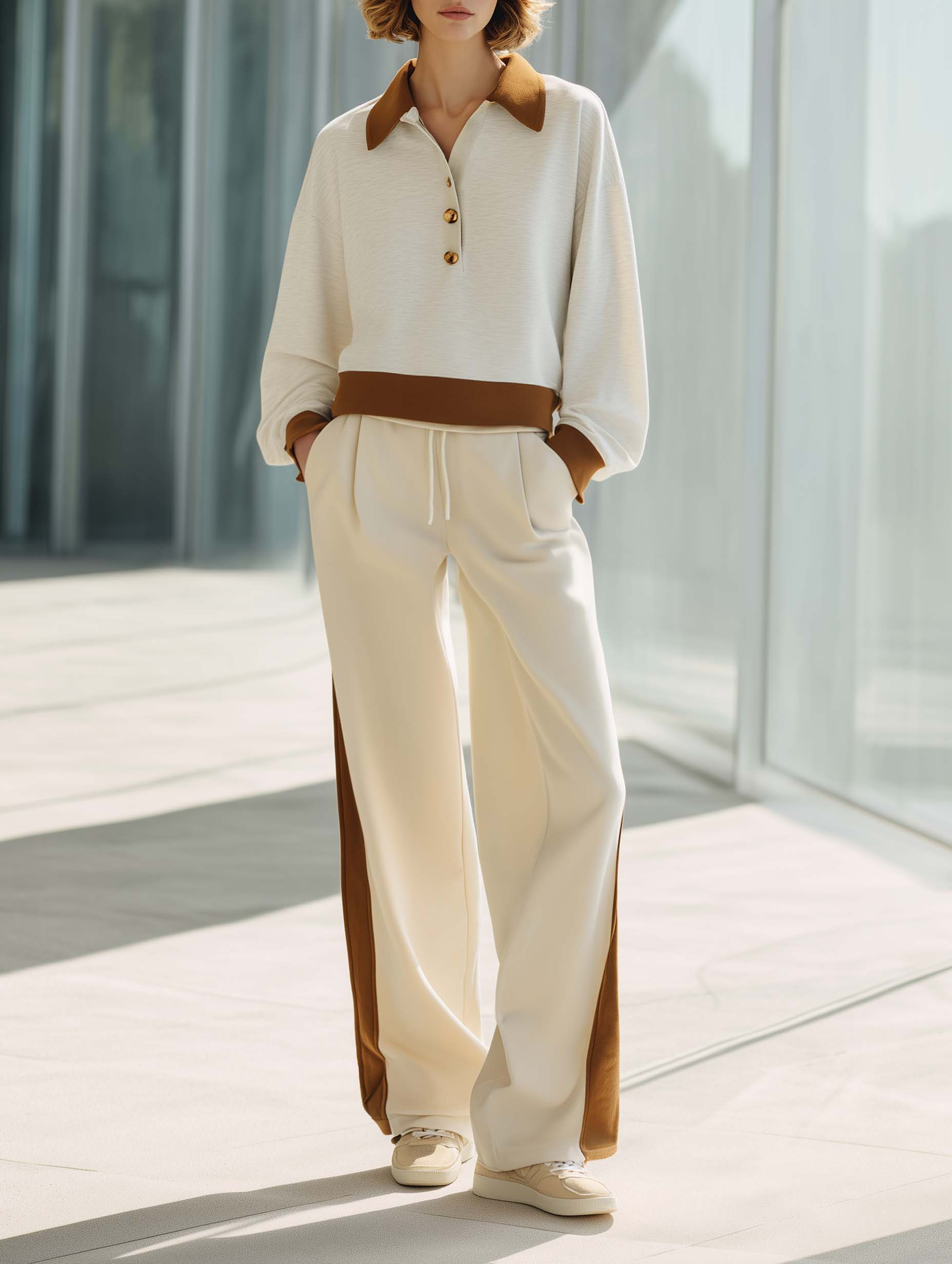 Off-white Color-block Casual Sporty Long-sleeve Collared Top And Trousers Set