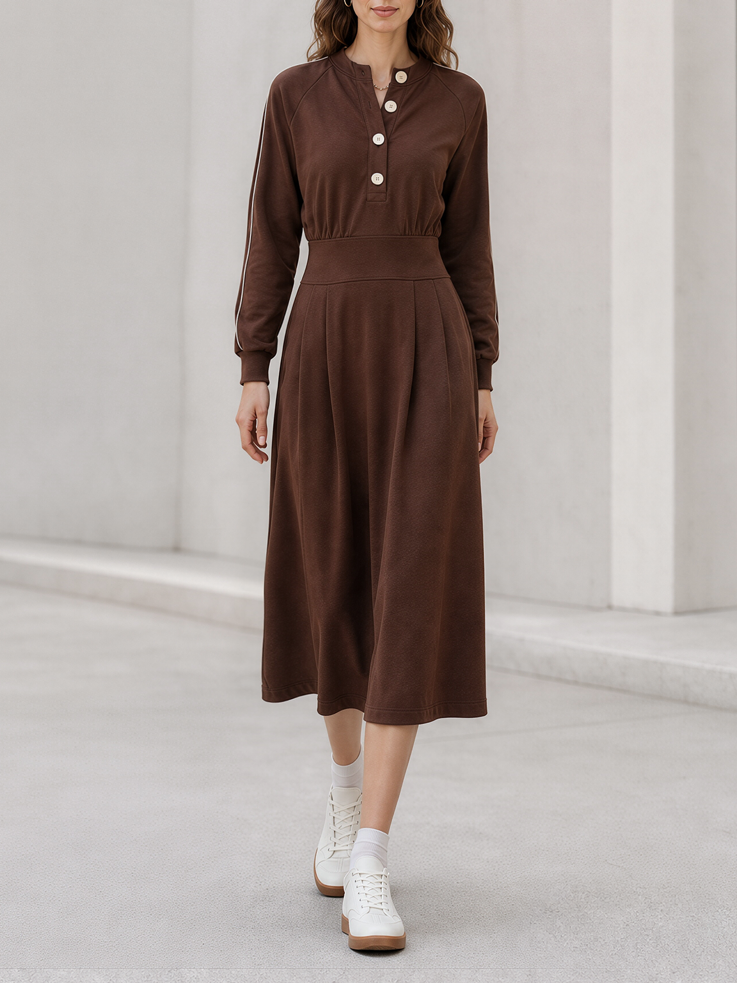 Brown Half Button Raglan Sleeve Waisted Pleated Sweat Midi Dress