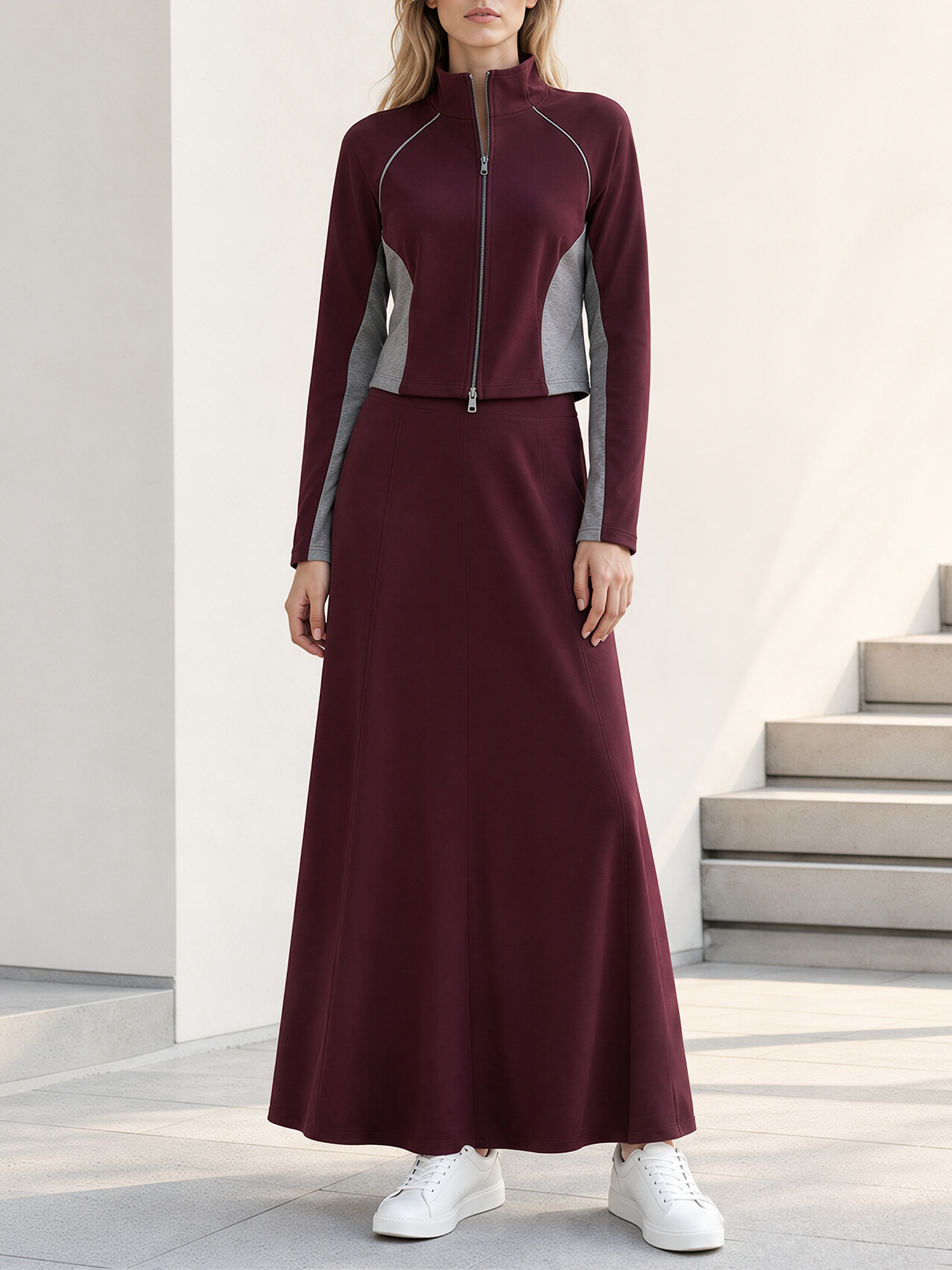 Wine Gray Color Block Zip Stand Collar Jacket & Maxi Skirt Set