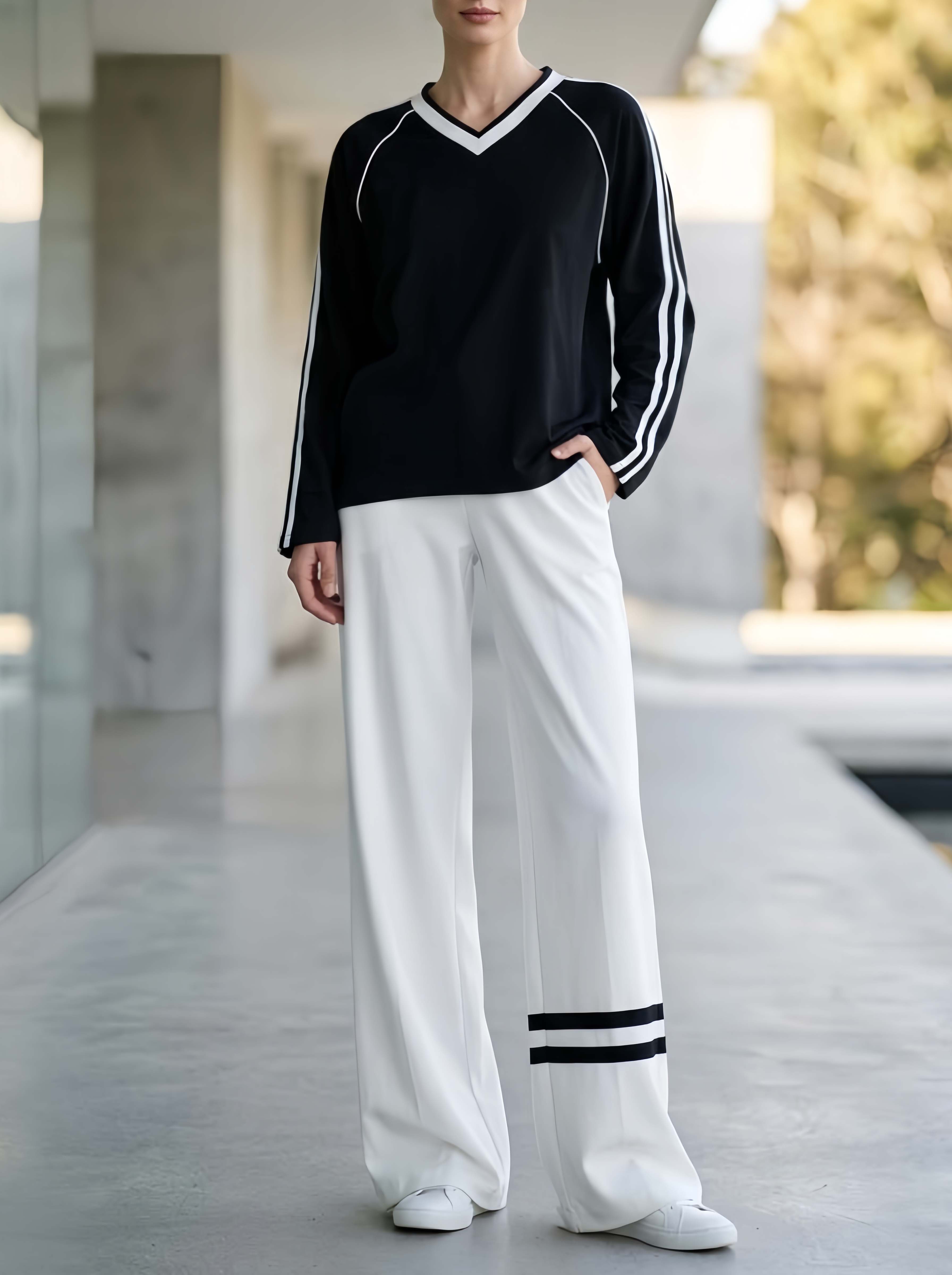 Black And White Color-Block V-Neck Long-Sleeve Top And Pants Set