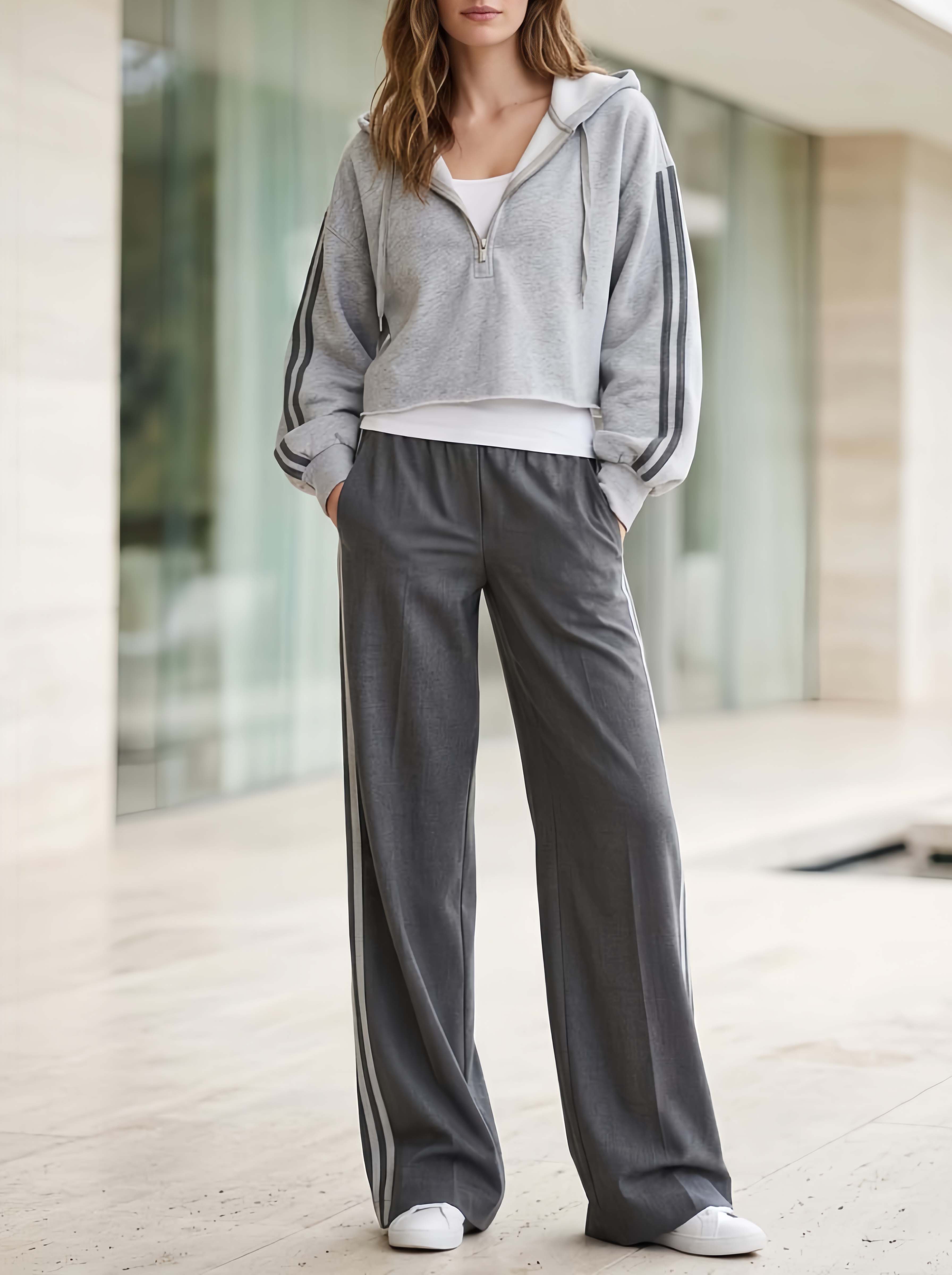 Casual Chic Grey Color-block Hooded Top And Wide-leg Trousers Set
