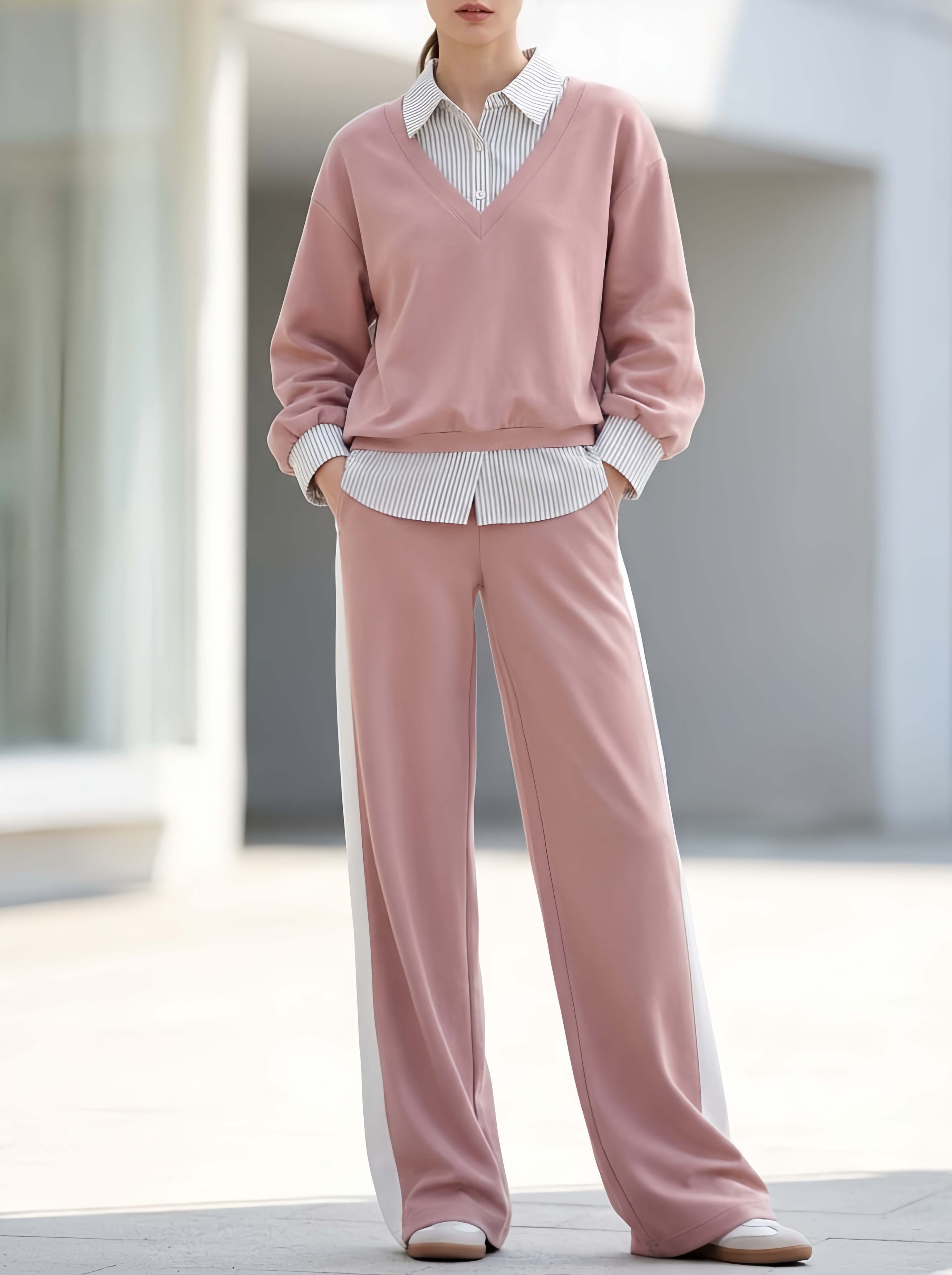 Pink V-neck "faux-layered" Top And Color-block Trousers Set—suitable For Work Or Casual Wear