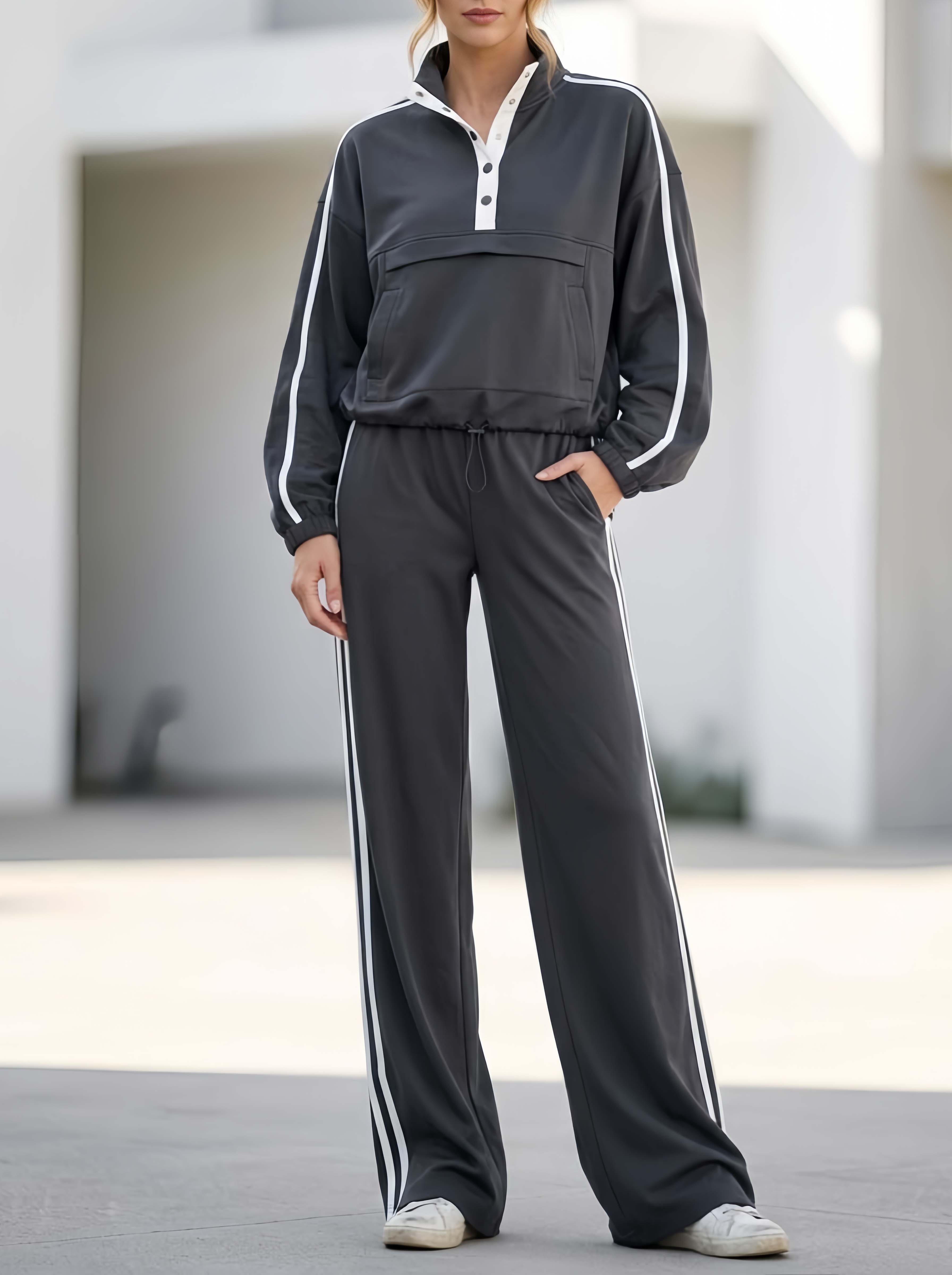 Stylish Sporty Dark Grey Long-sleeved Top And Trousers Casual Set