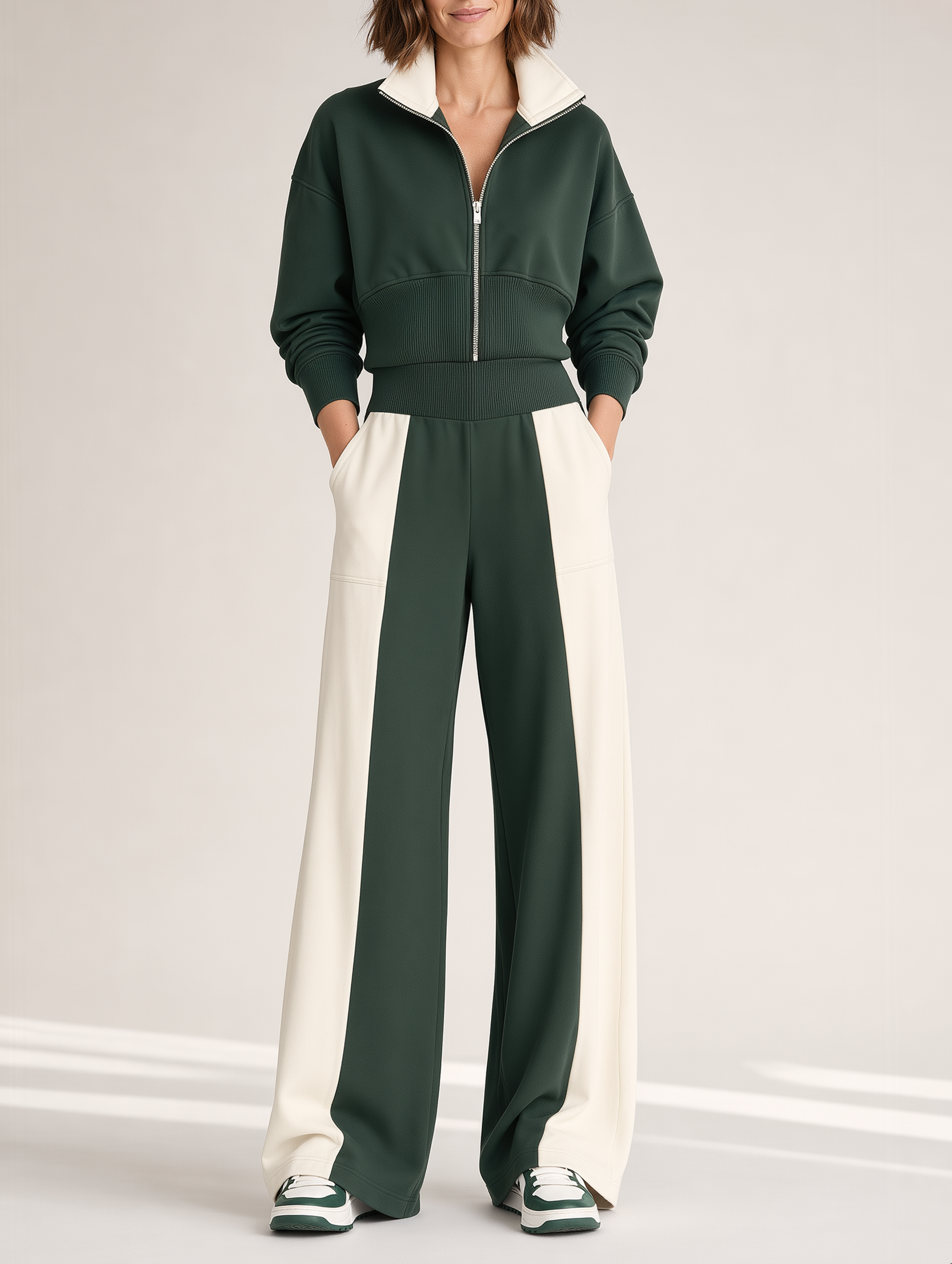 Color-Block Zip-Up Jacket & Wide-Leg Pants Two-Piece Set