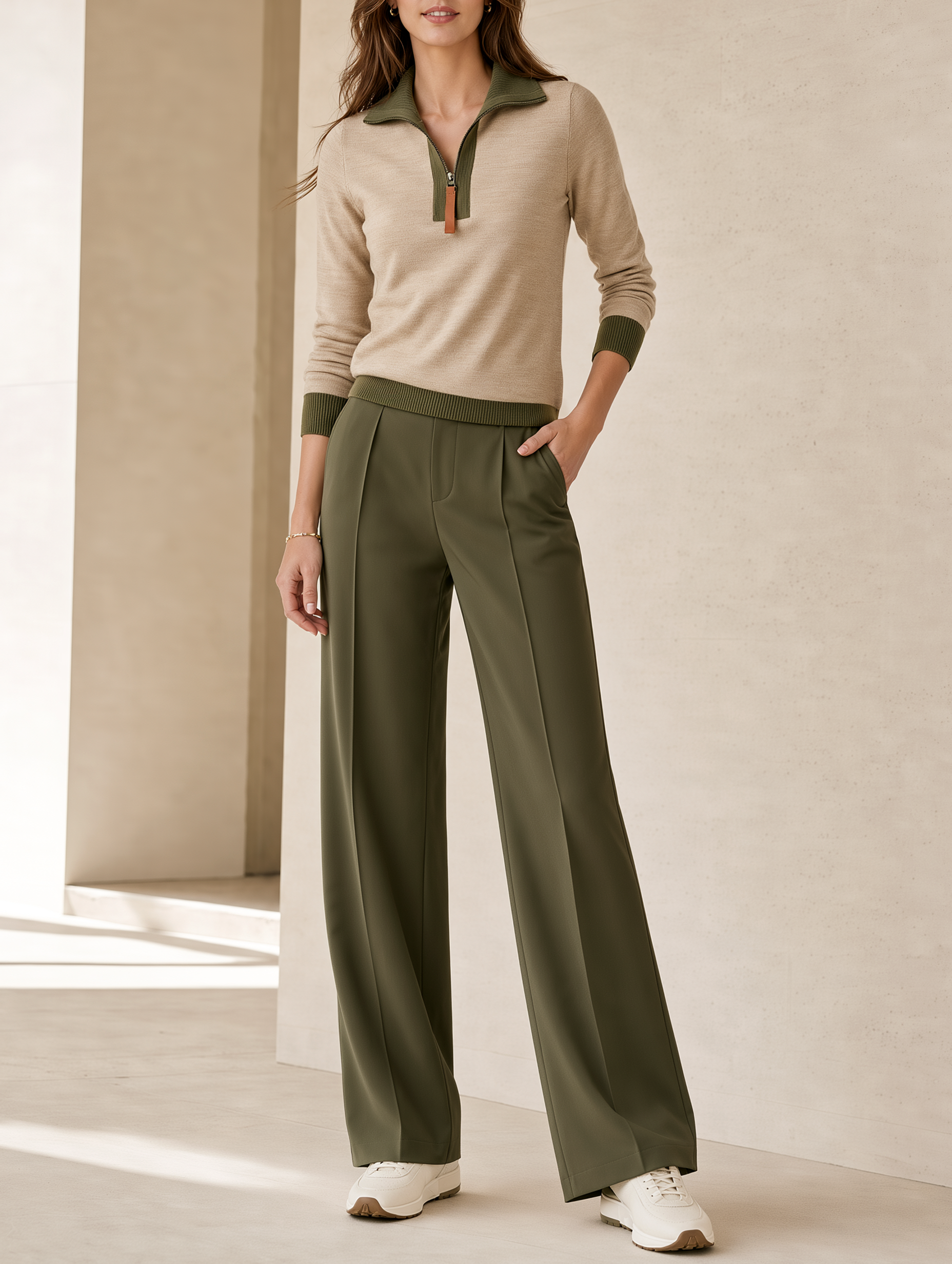 Oatmeal Half-zip Knit Top And Wide-leg Tailored Trousers Set