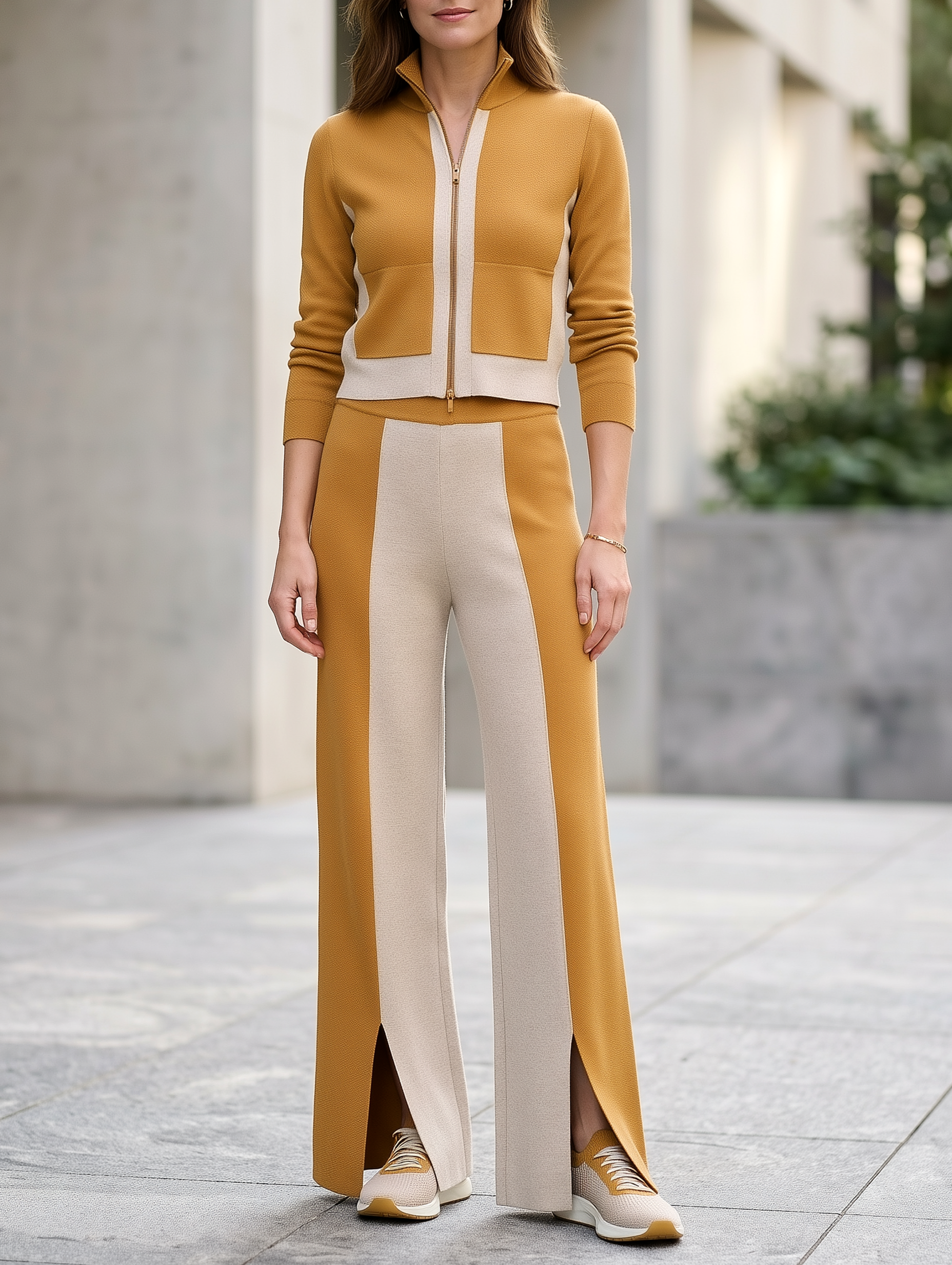 Women's Color-Block Zip-Up Jacket & Wide-Leg Pants Knit Set