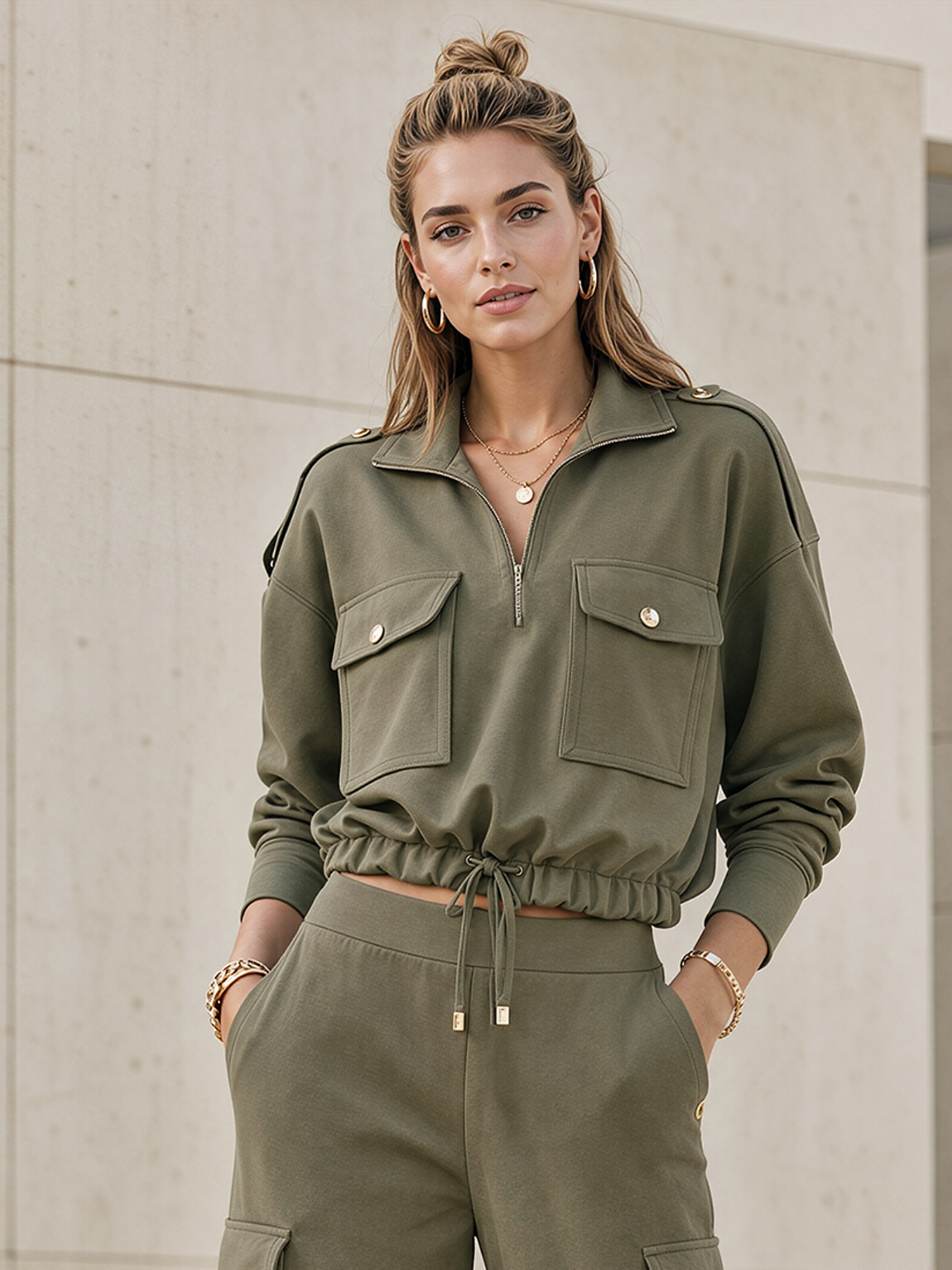 Olive Green Half-zip Collared Utility Crop Top With Drawstring