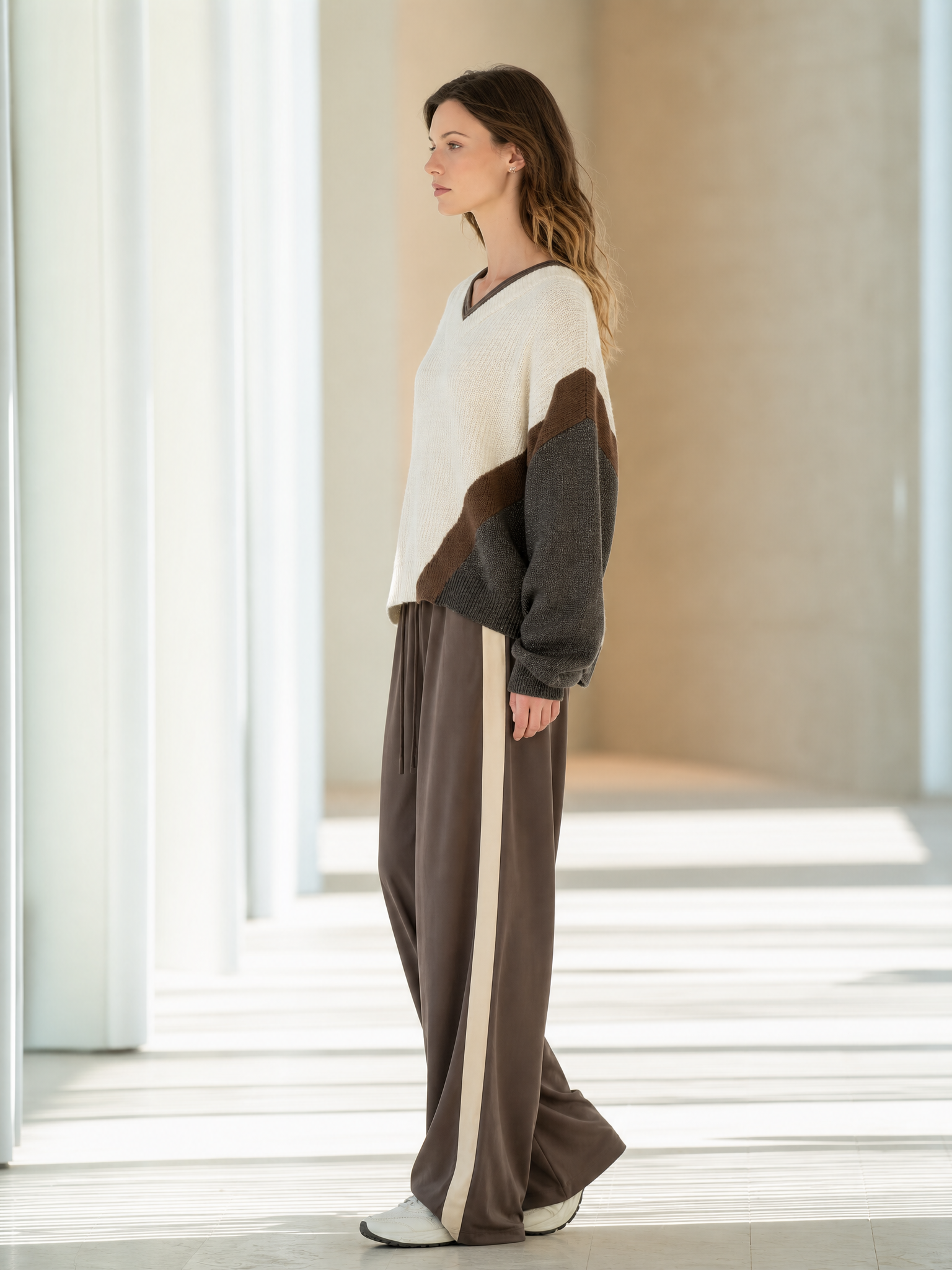 Color Block V-Neck Loose Knit Sweater & Side Stripe Wide-Leg Pants Set