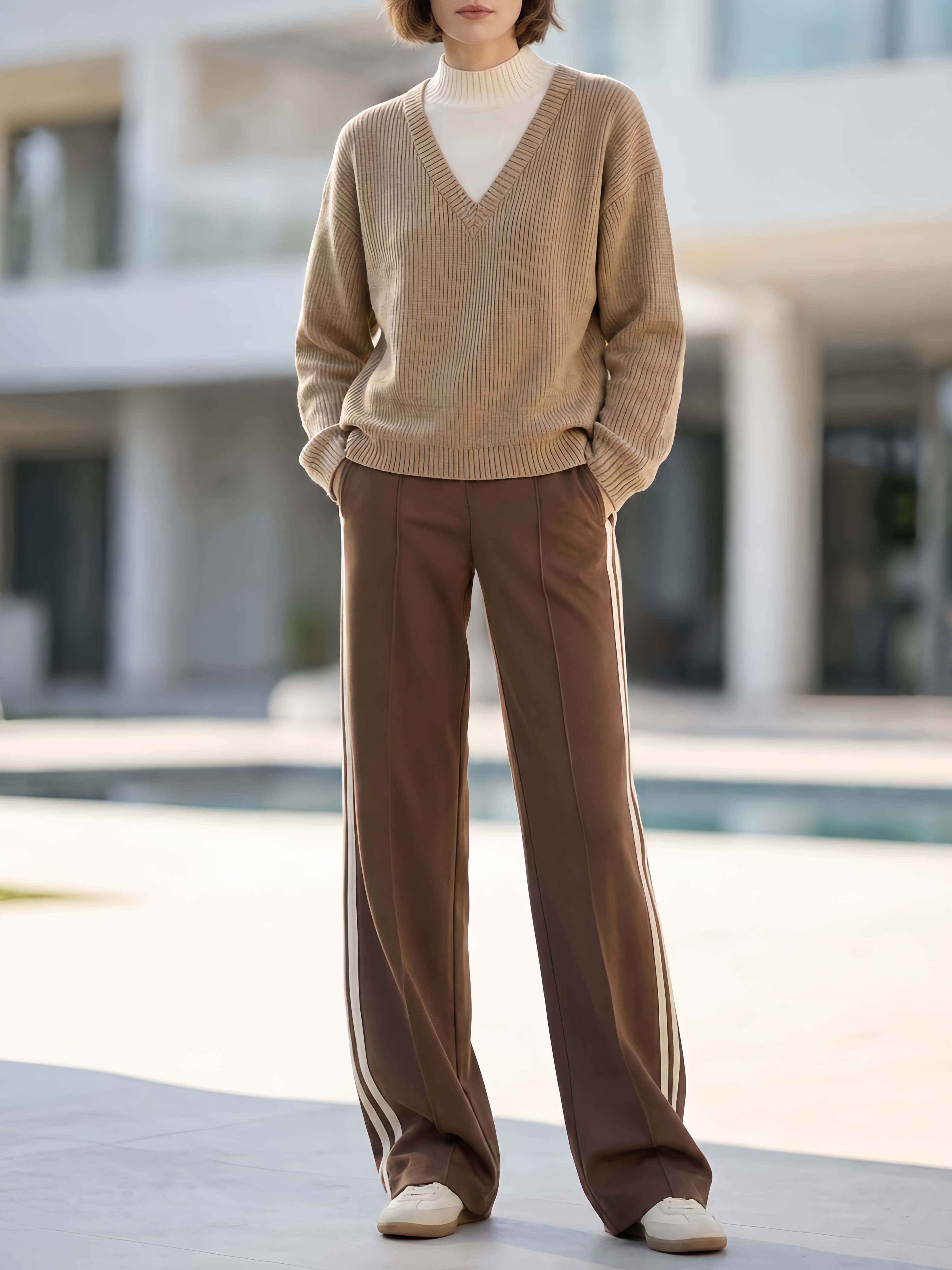 Casual-chic Coffee-colored Long-sleeve V-neck Sweater And Trousers Set
