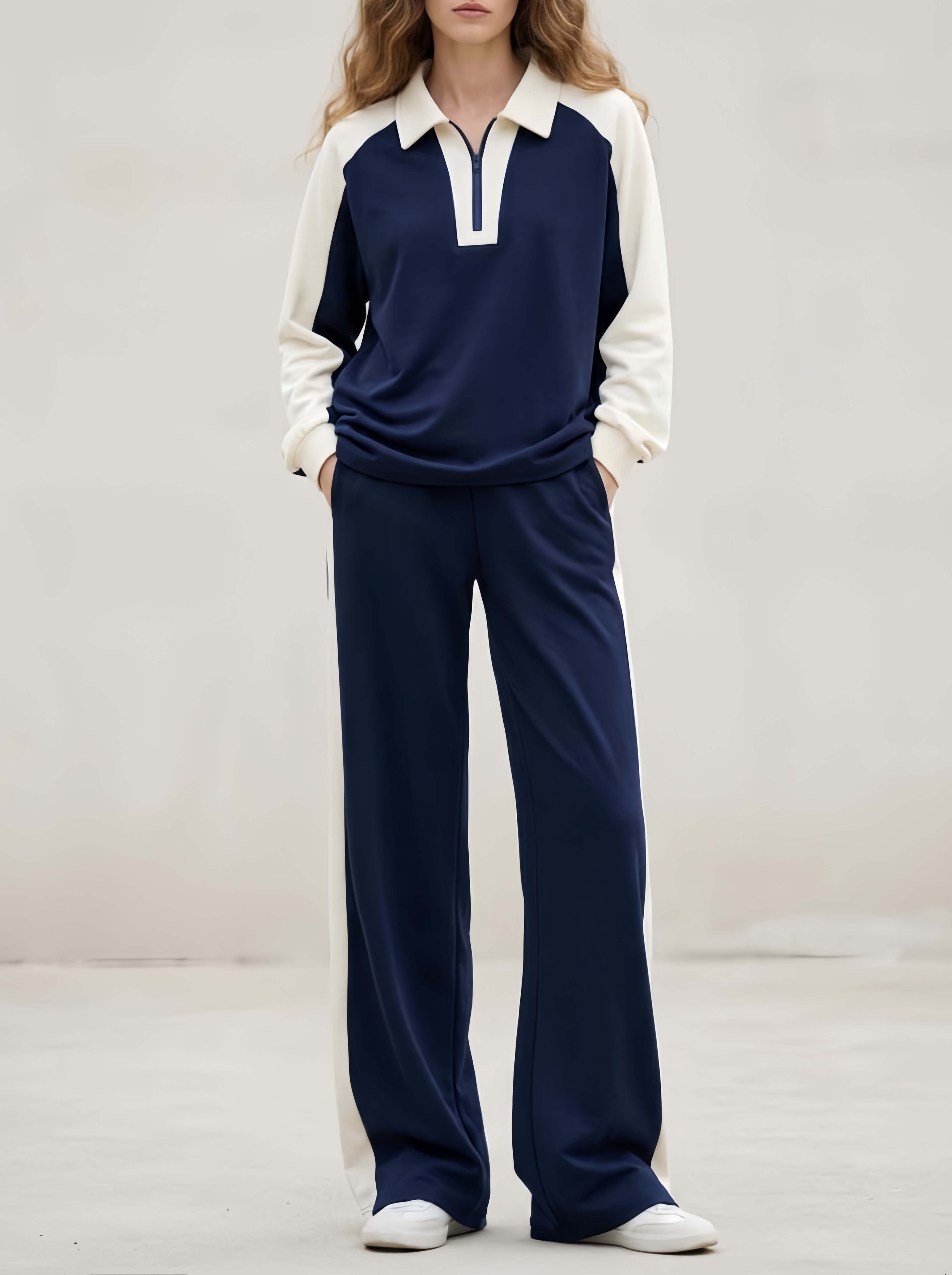 Stylish Sporty Navy Color-block Collared Long-sleeve Top And Trousers Set