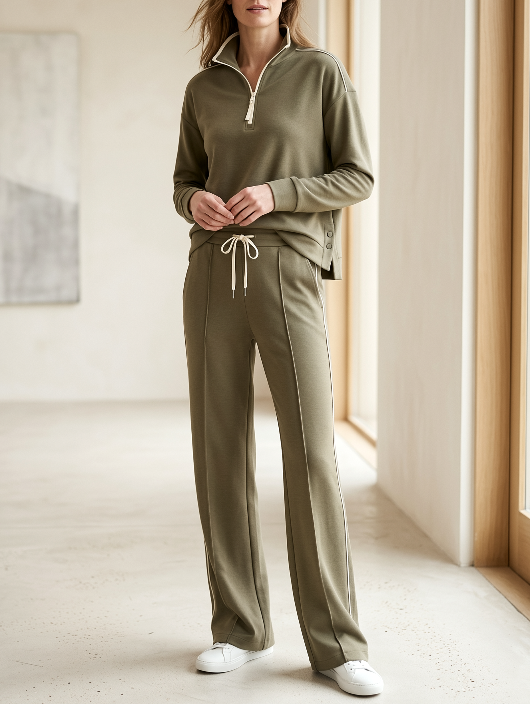 Deep Olive Green Half-Zip Slit Sweatshirt And Wide-Leg Pants Set