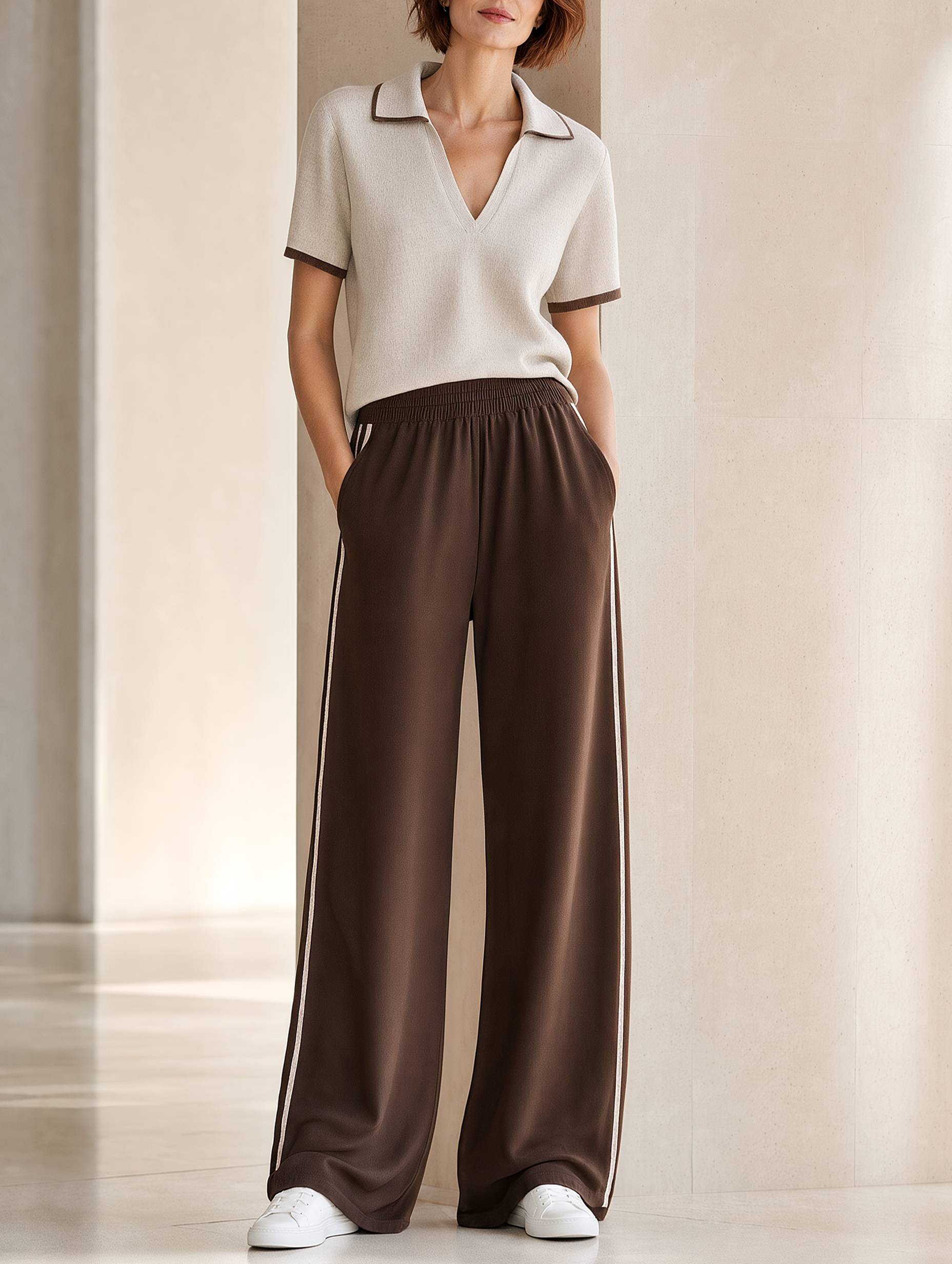 Beige Short-sleeved Polo And Dark Brown Wide-leg Trousers Set