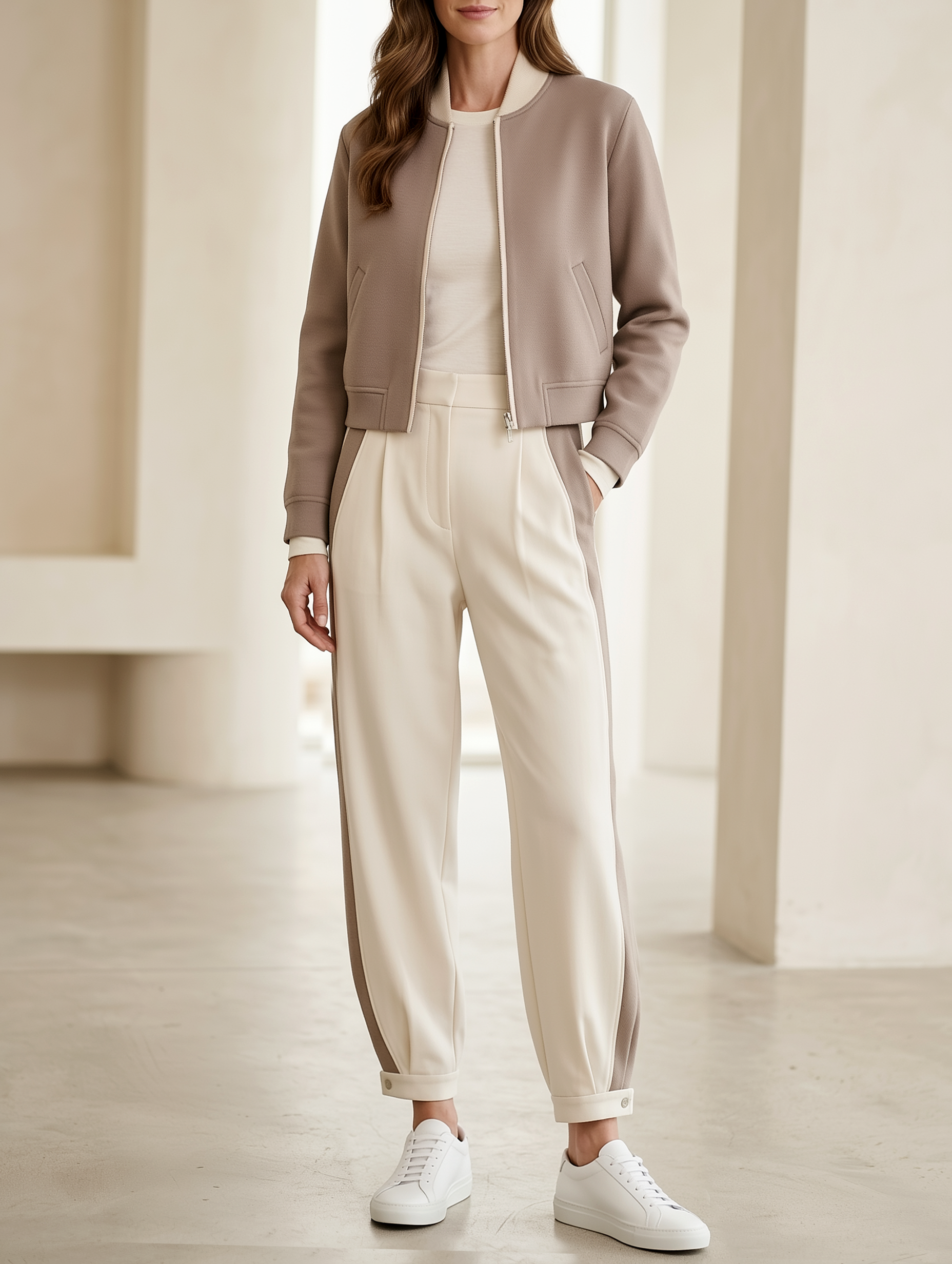 Light Brown Baseball Jacket And Cuffed Casual Trousers Set