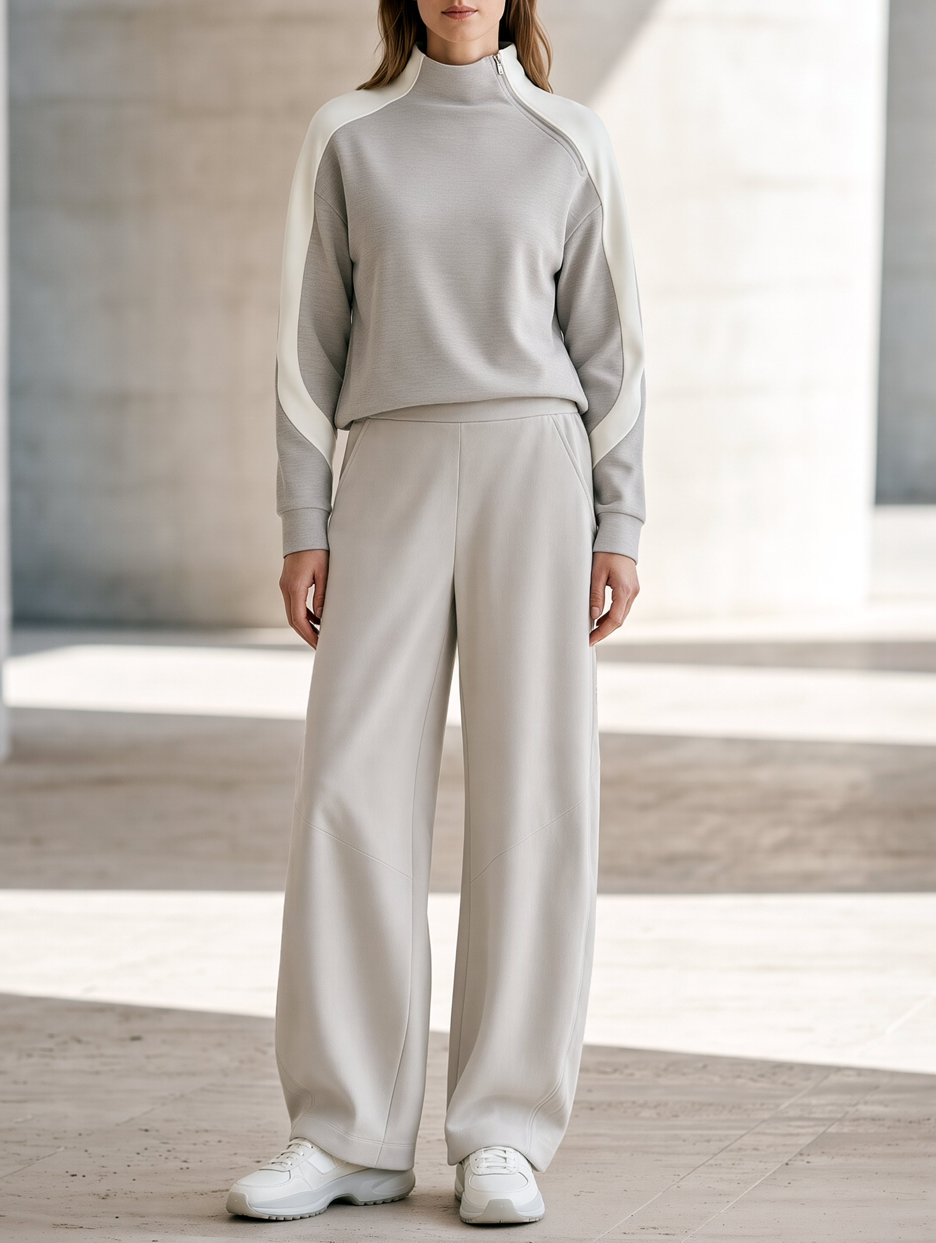 Light Gray Diagonal-zip Sweatshirt And Wide-leg Pants Set