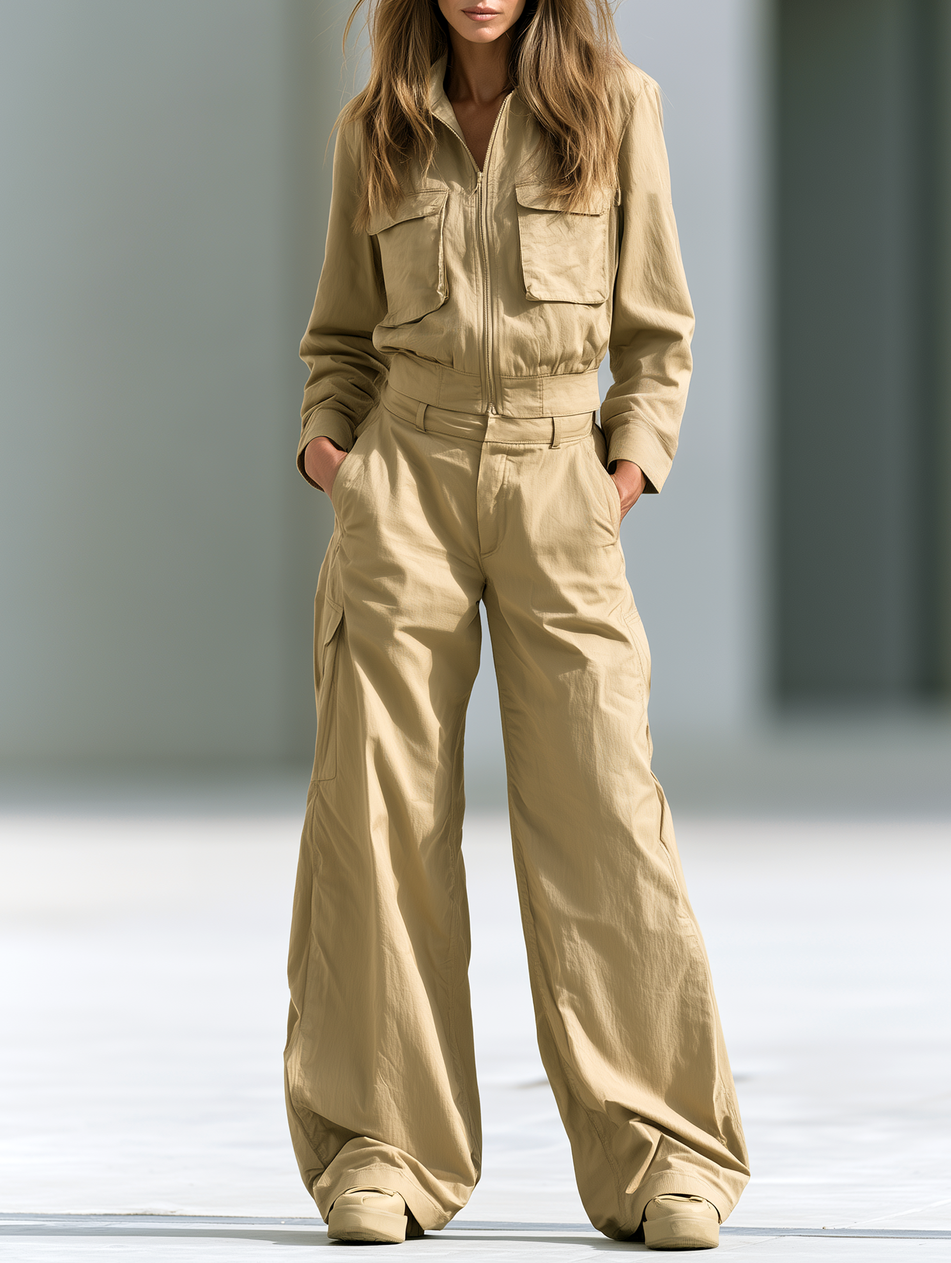 Khaki Long-sleeve Utility Jacket And Wide-leg Trousers Set