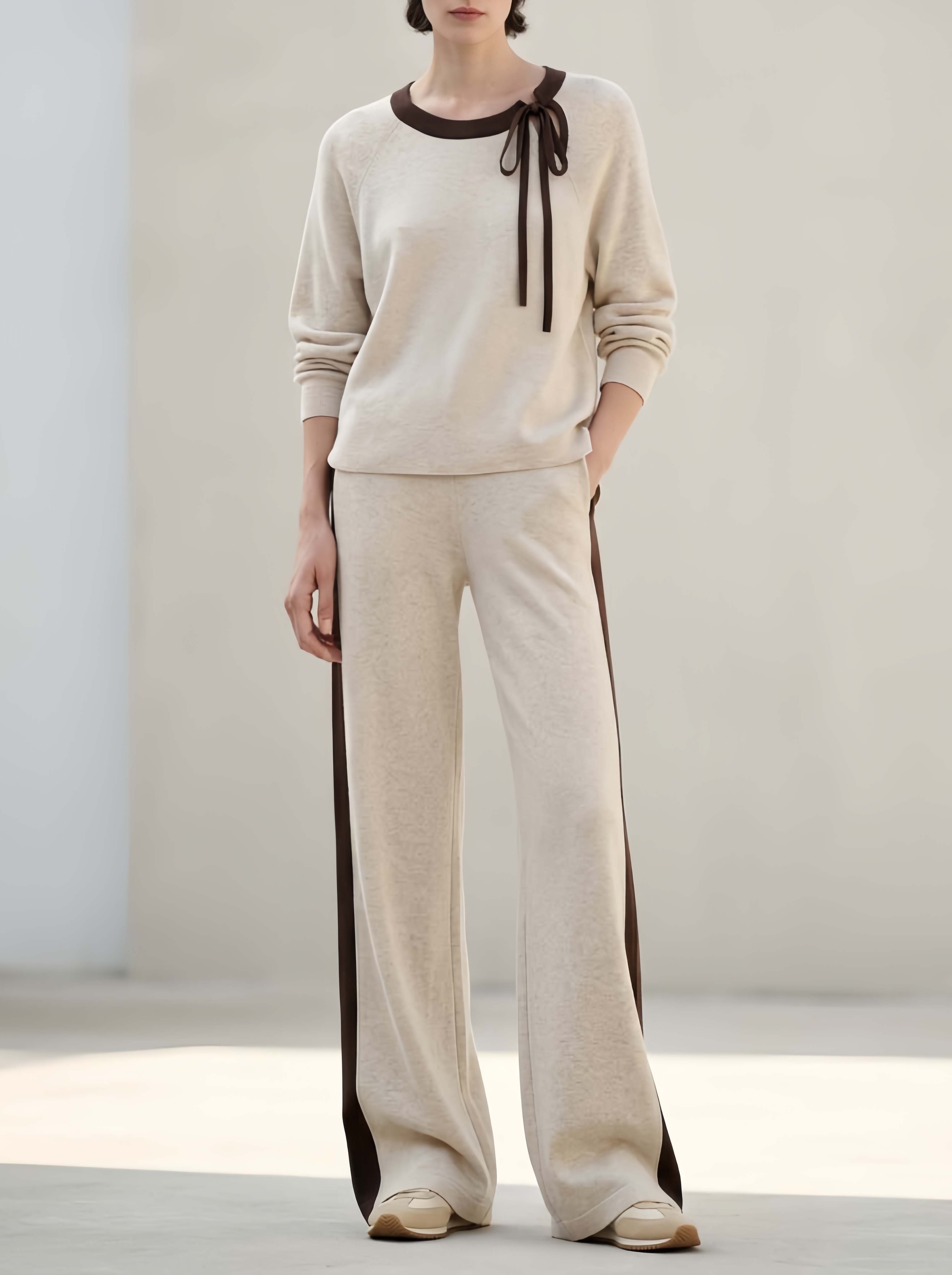 Casual Oatmeal-Colored Long-Sleeve Crew-Neck Top And Pants Set With Tie-Front Detail