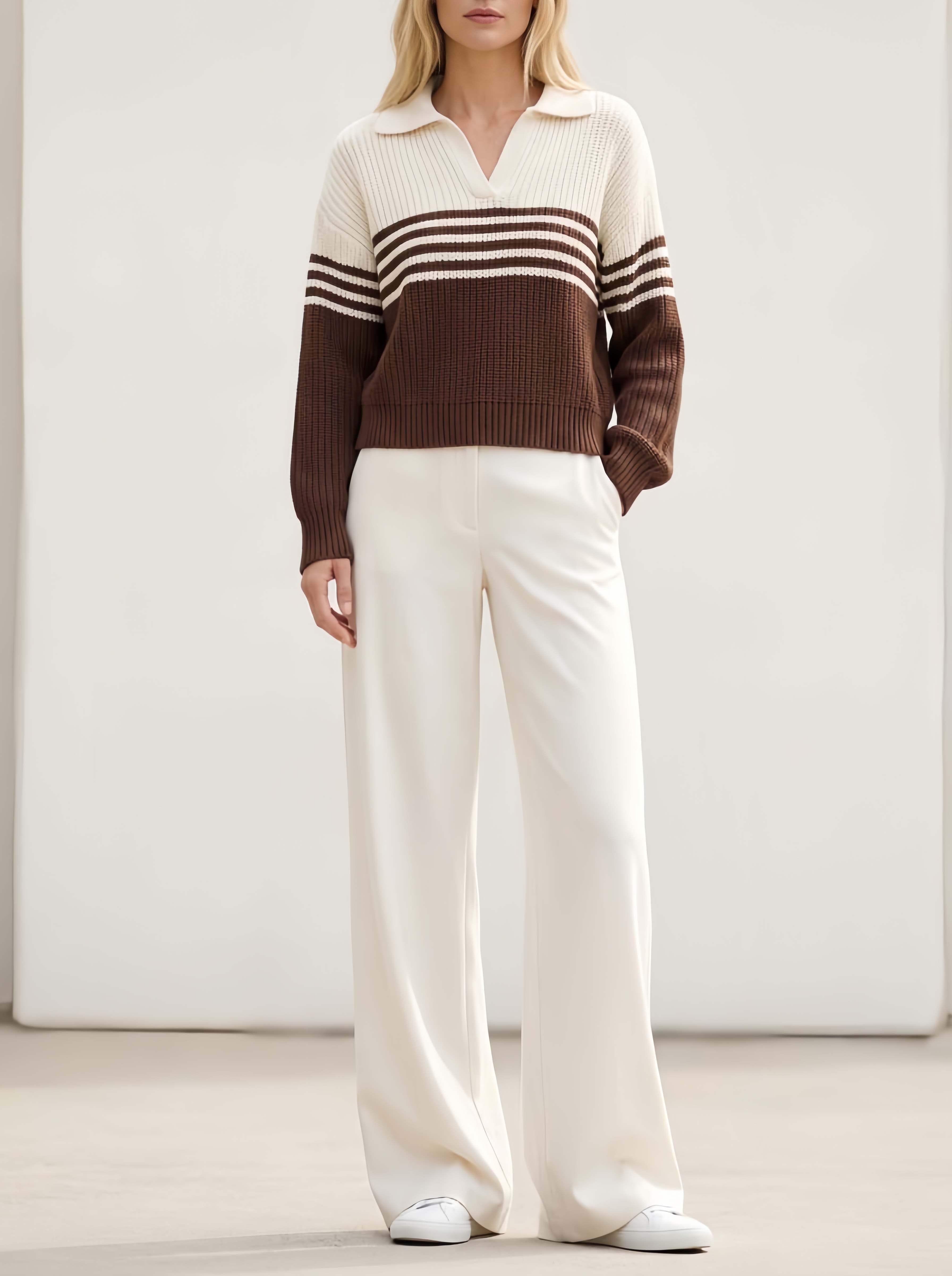 Casual Brown And Off-white Color-block Long-sleeve Collared Sweater And Trousers Set