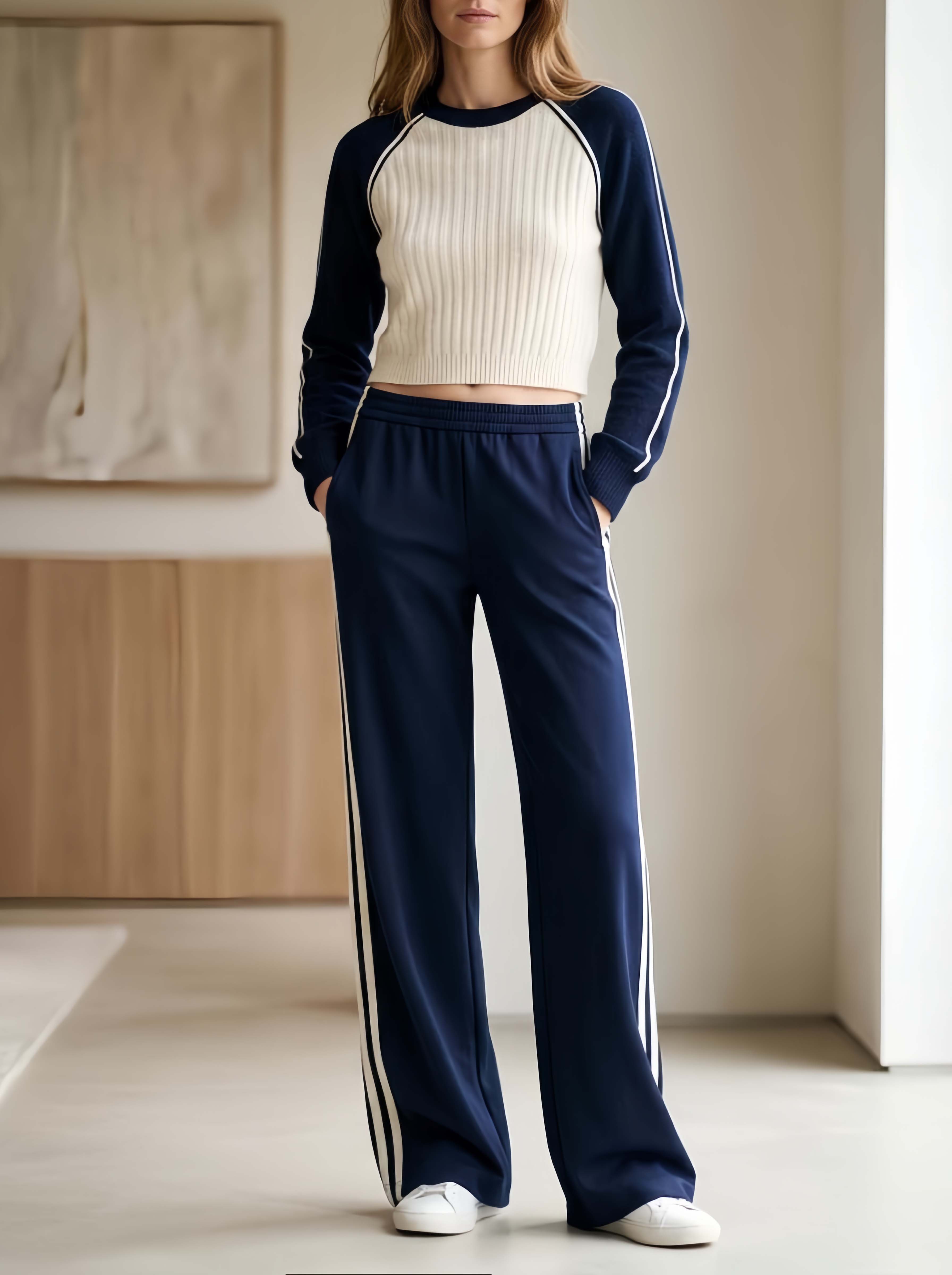 Stylish Casual Long-sleeved Top And Trousers Set In A Cream And Navy Color-block Design