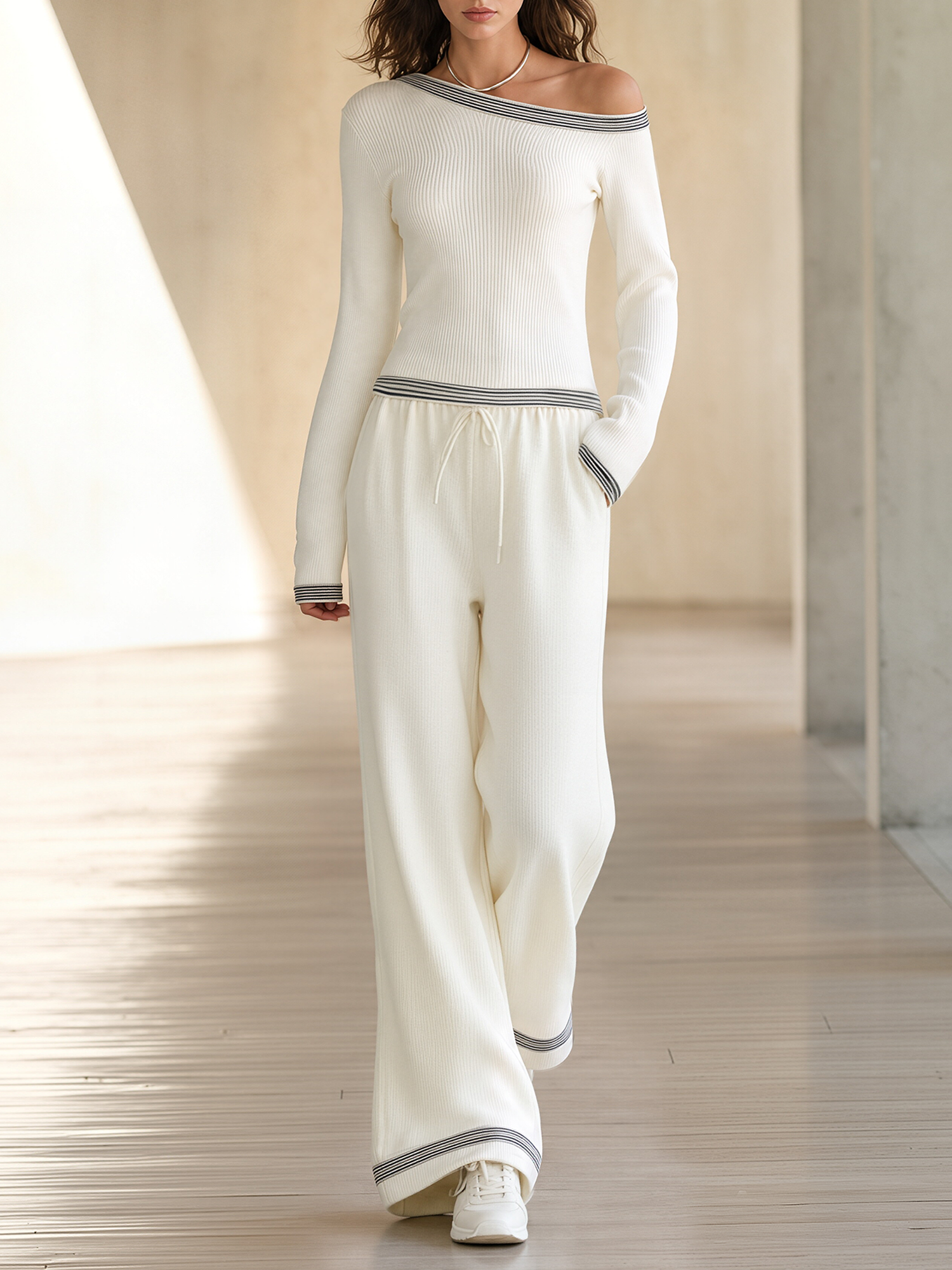 Off Shoulder Striped Trim Rib Knit Top & Drawstring Wide-Leg Pants Set