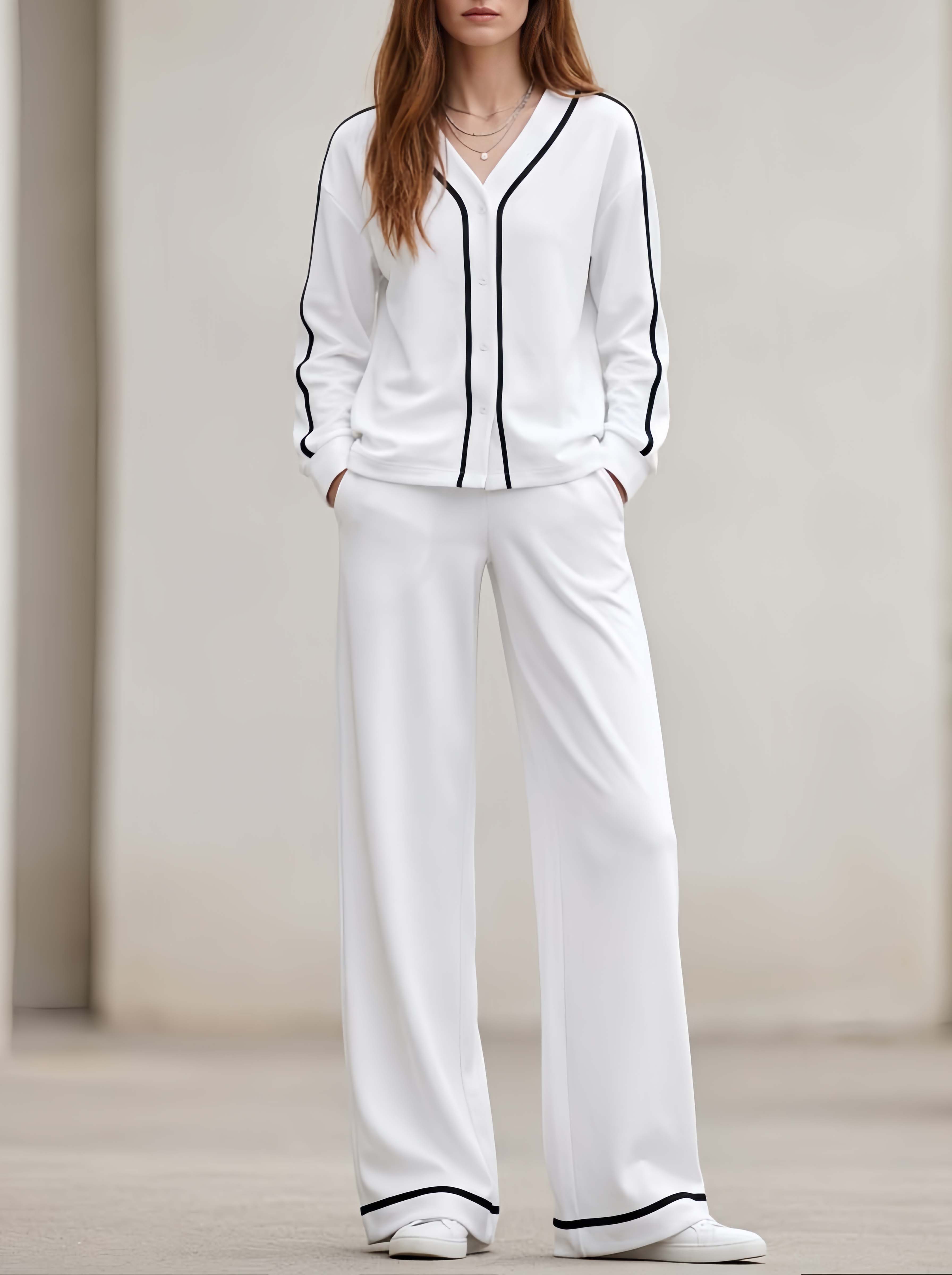 Stylish And Minimalist White Long-sleeved Top And Trousers Casual Set