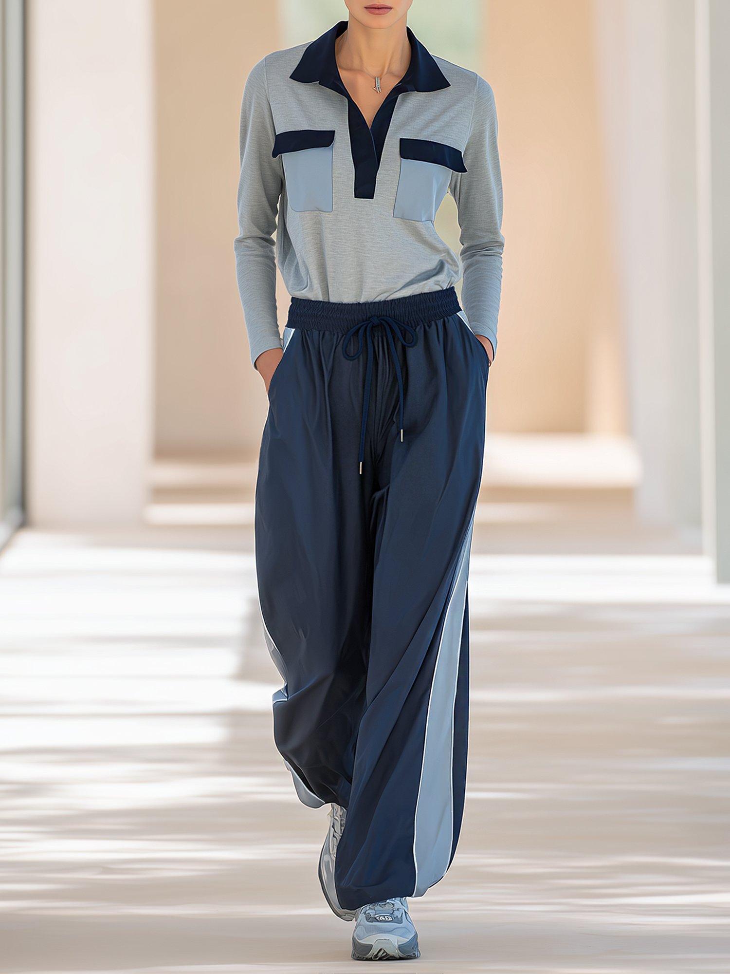 Navy Color Block Polo Collar Pocket Top And Wide-Leg Pants Set