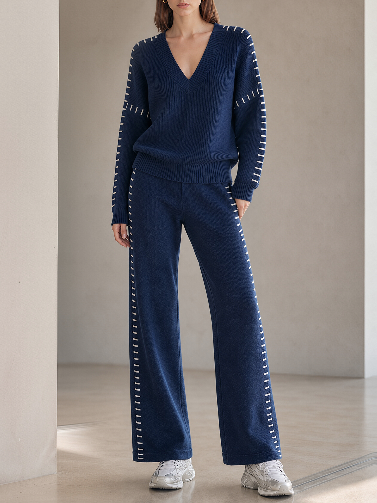 Navy White Stitch Detail V-Neck Knit Top & Wide-Leg Knit Pants Set