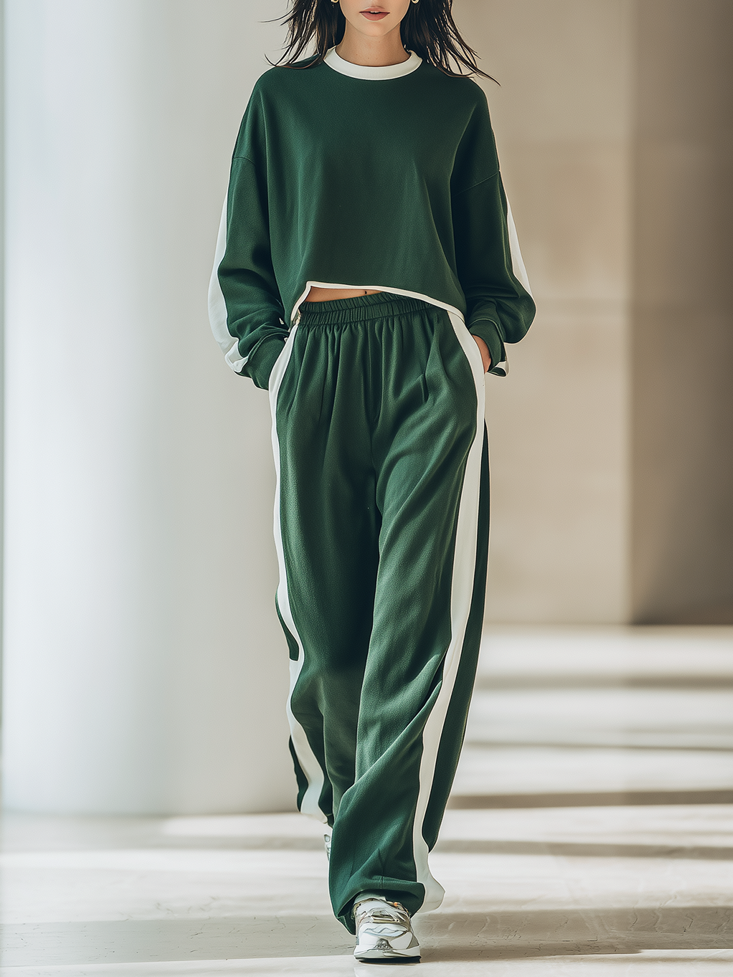 Deep Green Color-block Cropped Sweatshirt And Wide-leg Pants Set
