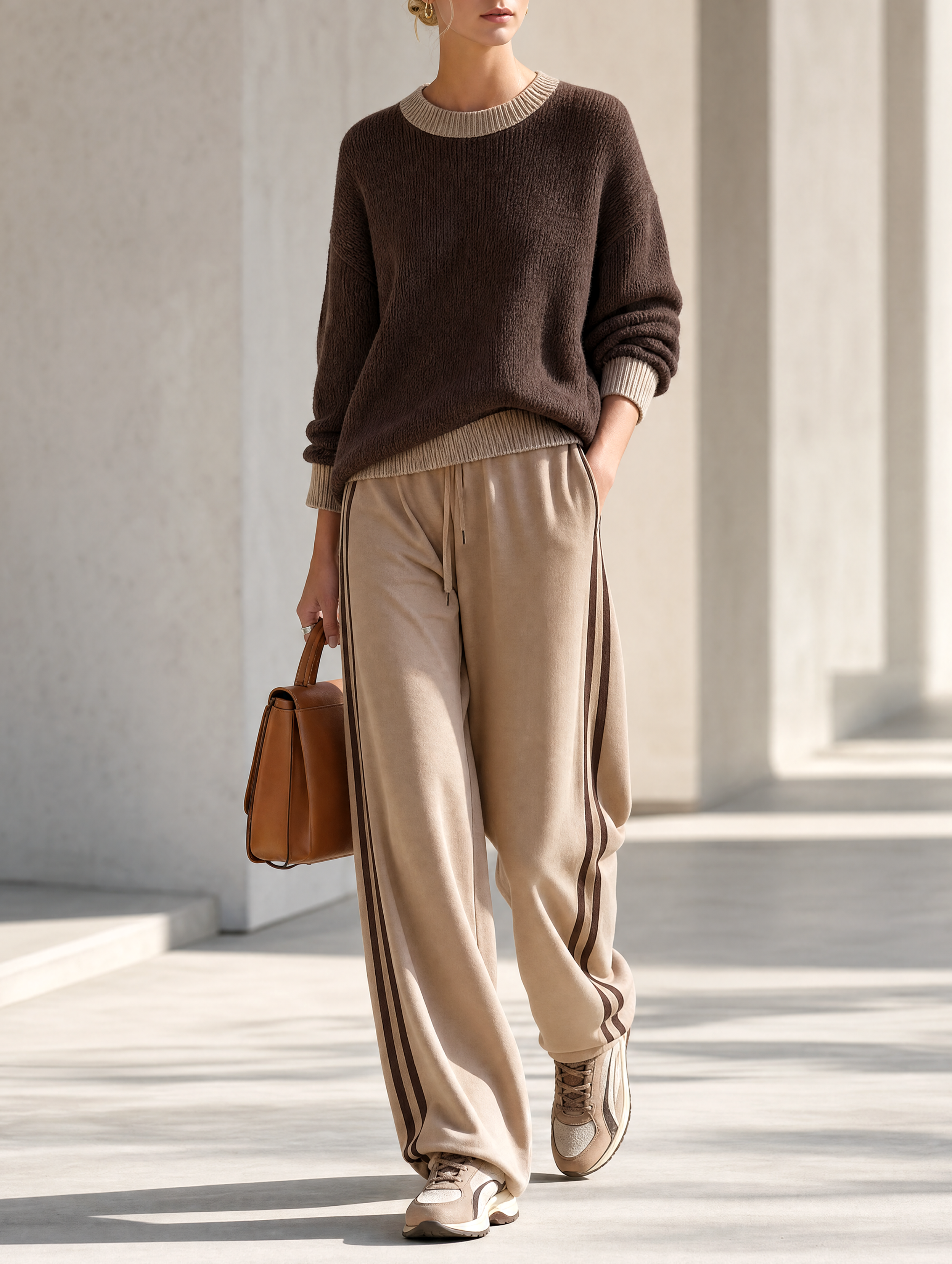 Brown Crew-neck Sweater And Drawstring Wide-leg Pants Set