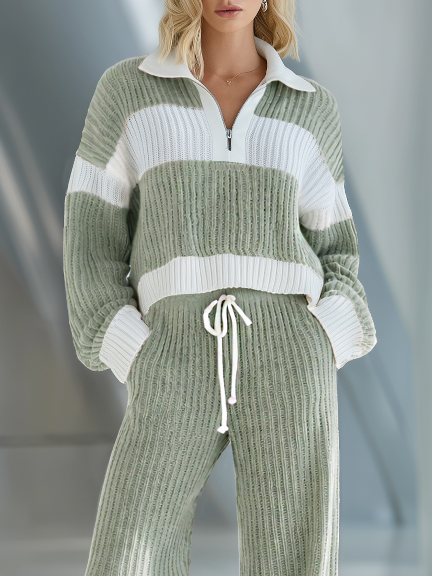 Women's Fashionable Casual Beige And White Striped Zip-up Short Top