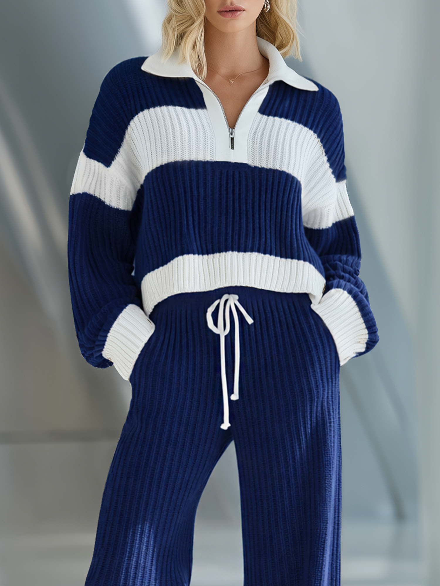 Women's Fashionable Casual Beige And White Striped Zip-up Short Top