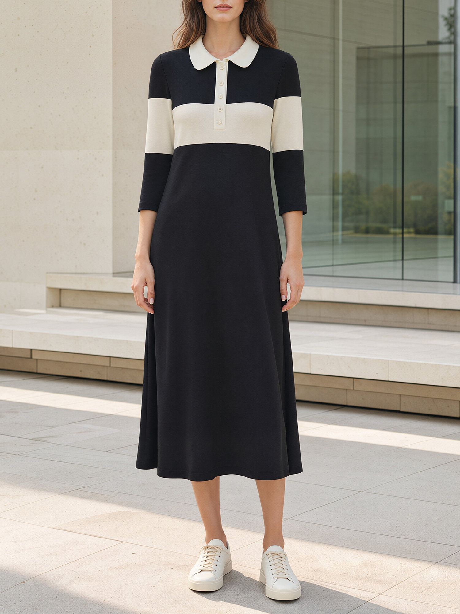 Black Off White Color Block Polo Midi Dress