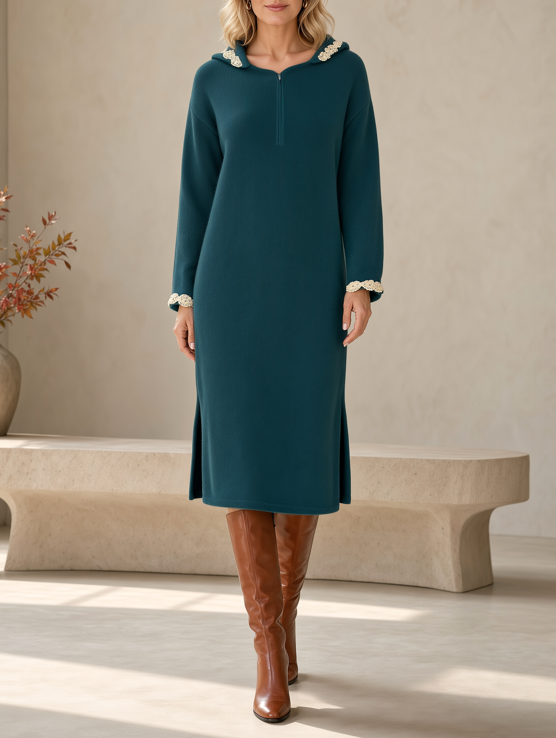 Teal Hooded Half-zip Knitted Midi Dress