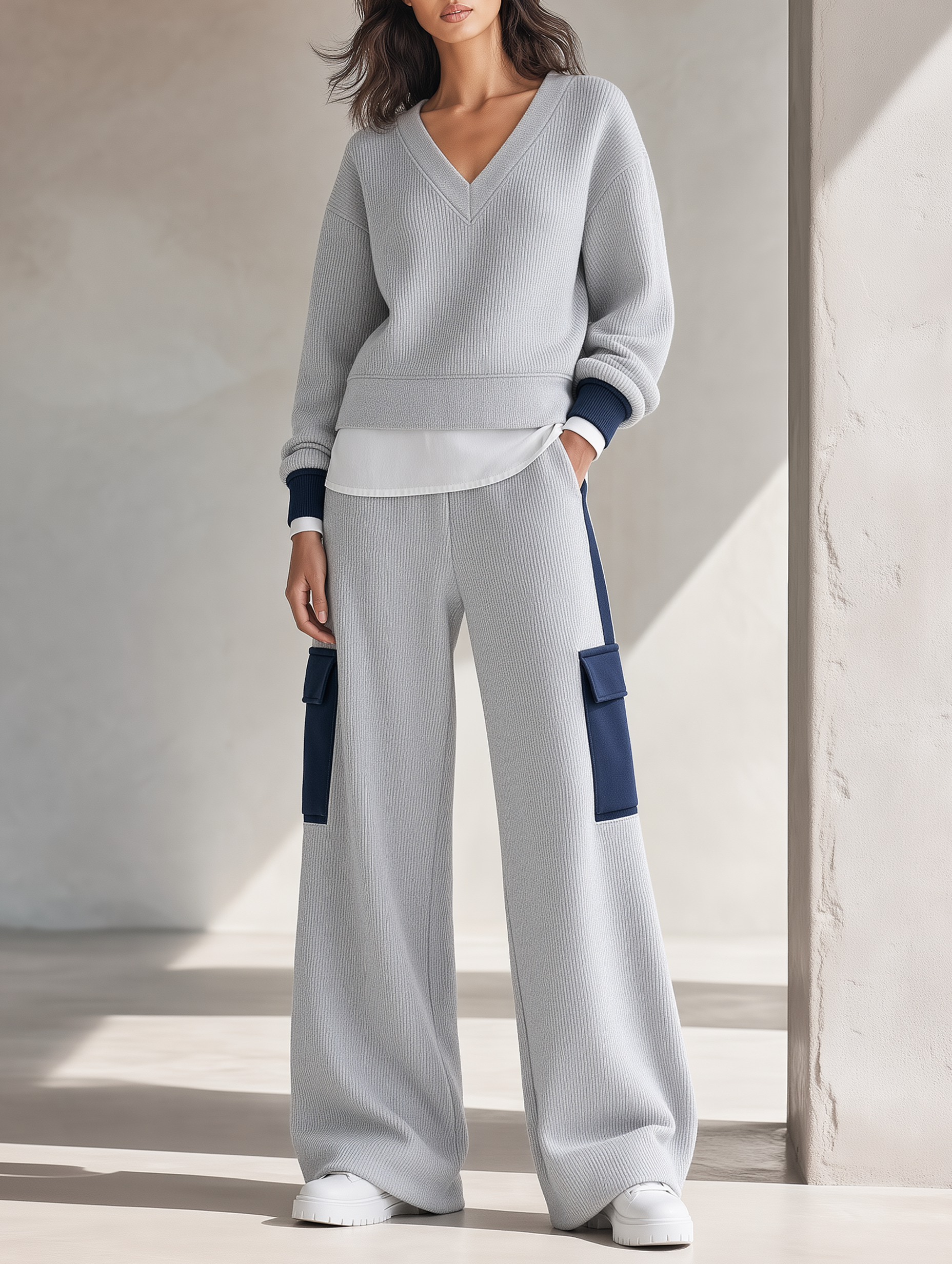 Women's Color-Block V-Neck Sweater & Wide-Leg Cargo Pants Knit Set