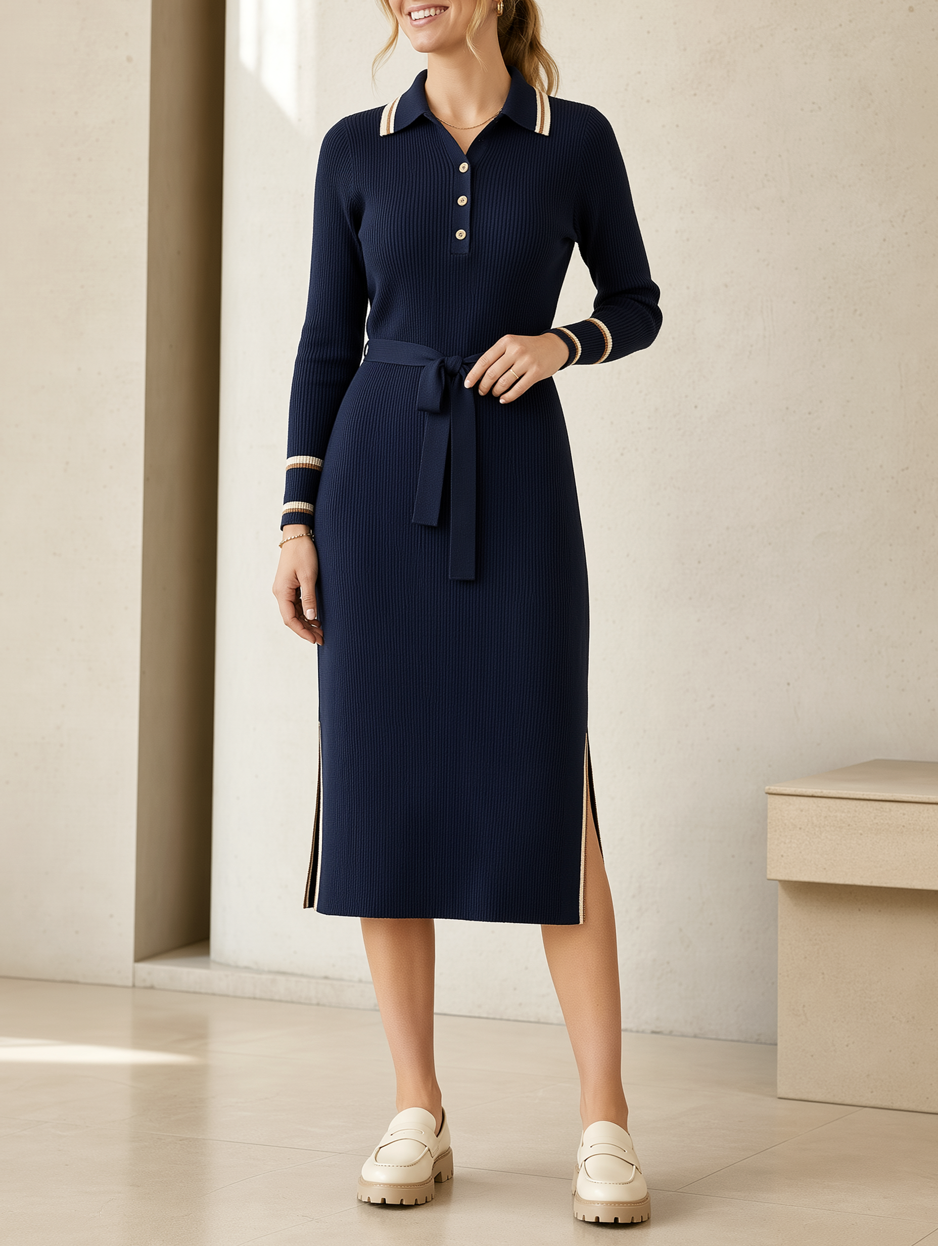 Women's Ribbed Knit Polo Collar Sweater Dress with Belt
