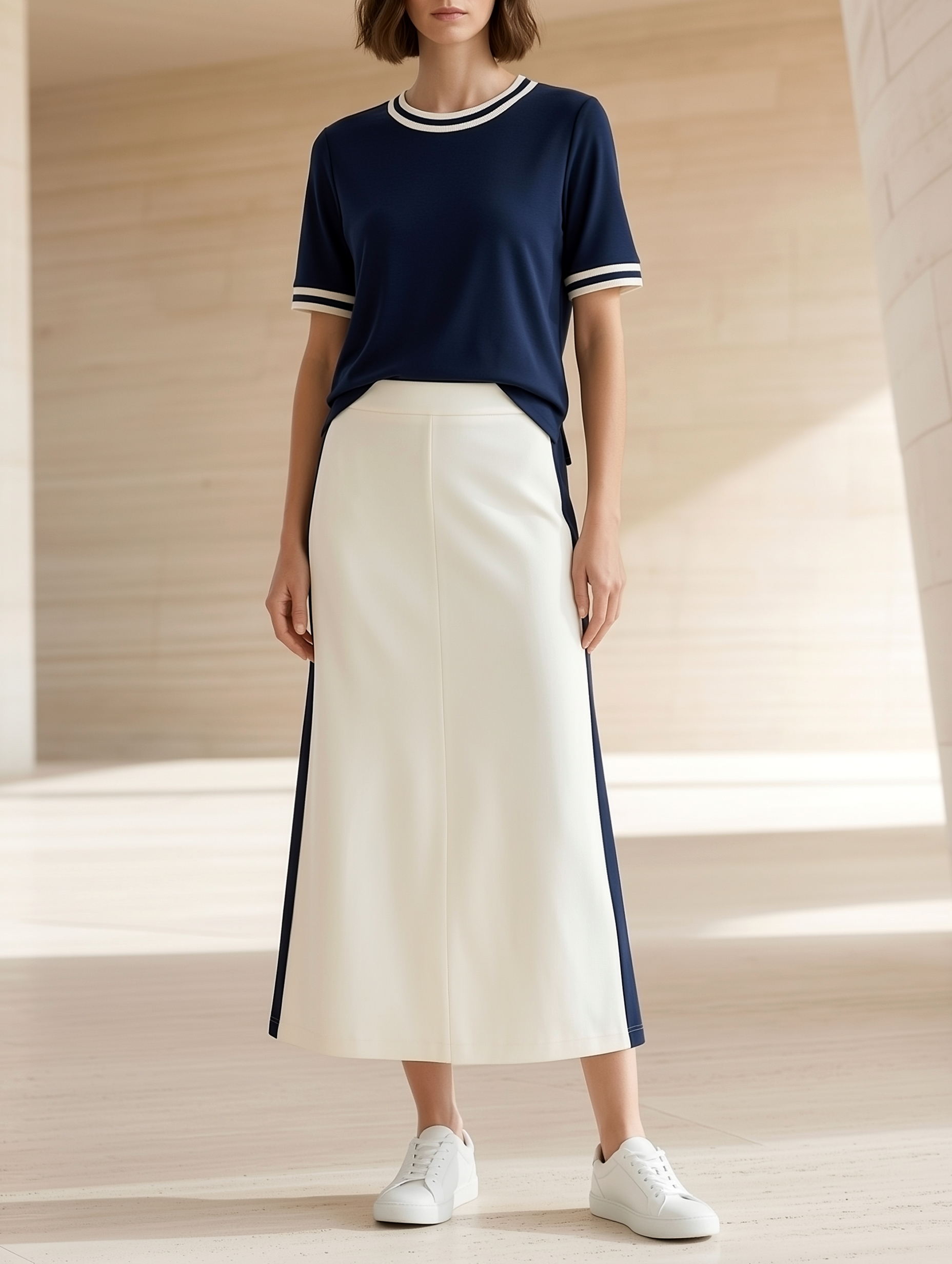 Navy Short-sleeved Top And Off-white Slit Midi Skirt Set