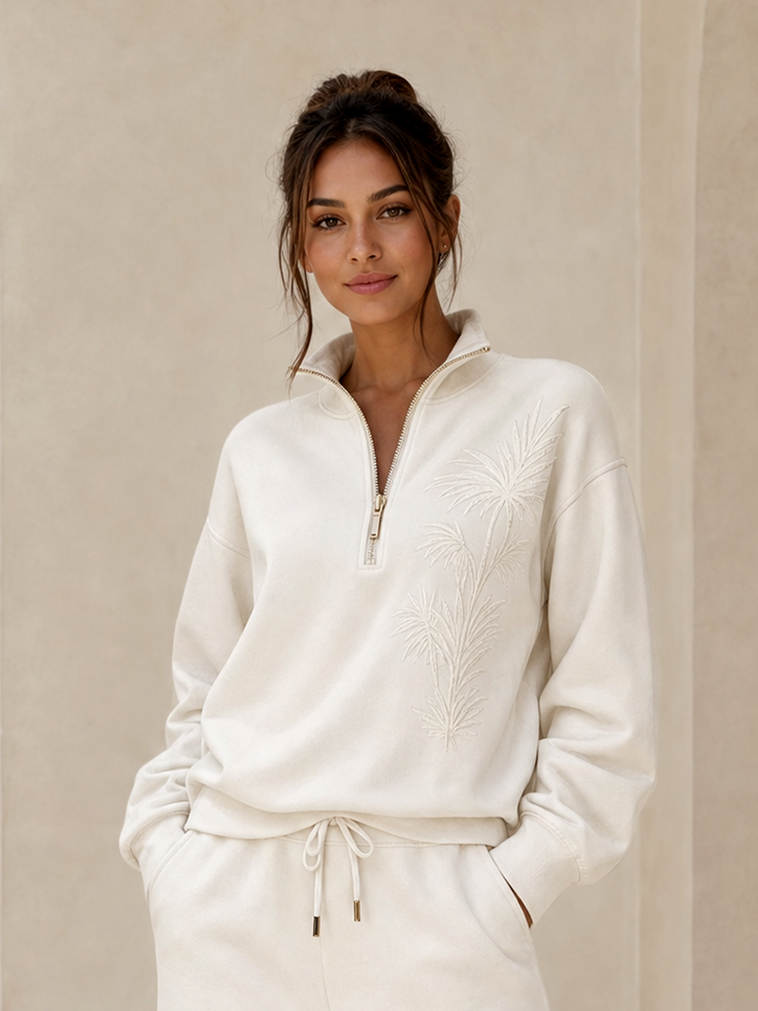 Off-white Embroidered Half-zip Casual Sweatshirt