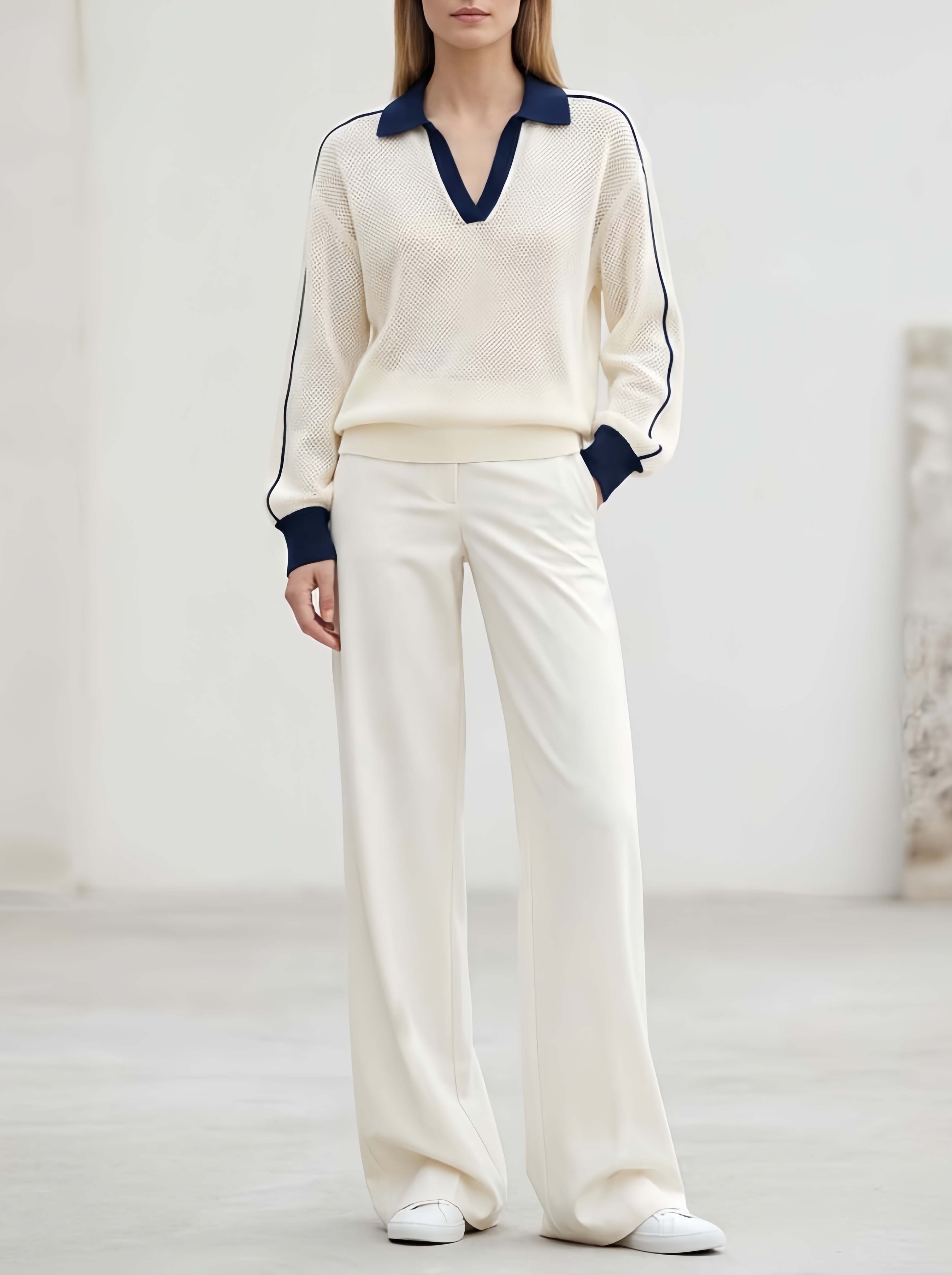 Chic Casual White V-Neck Color-Block Sweater And Pants Set