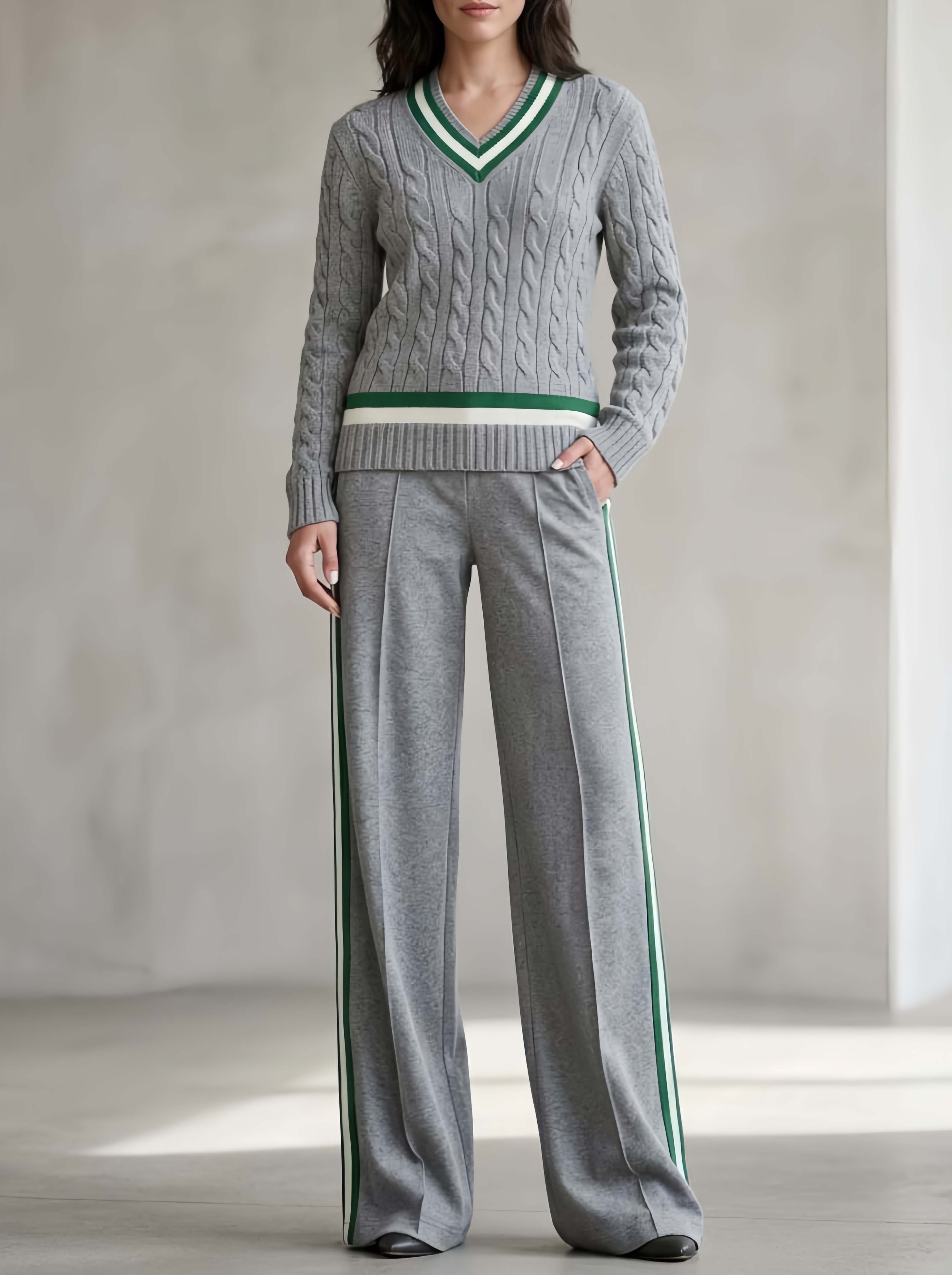 Stylish Casual Grey V-Neck Long-Sleeve Sweater And Pants Set