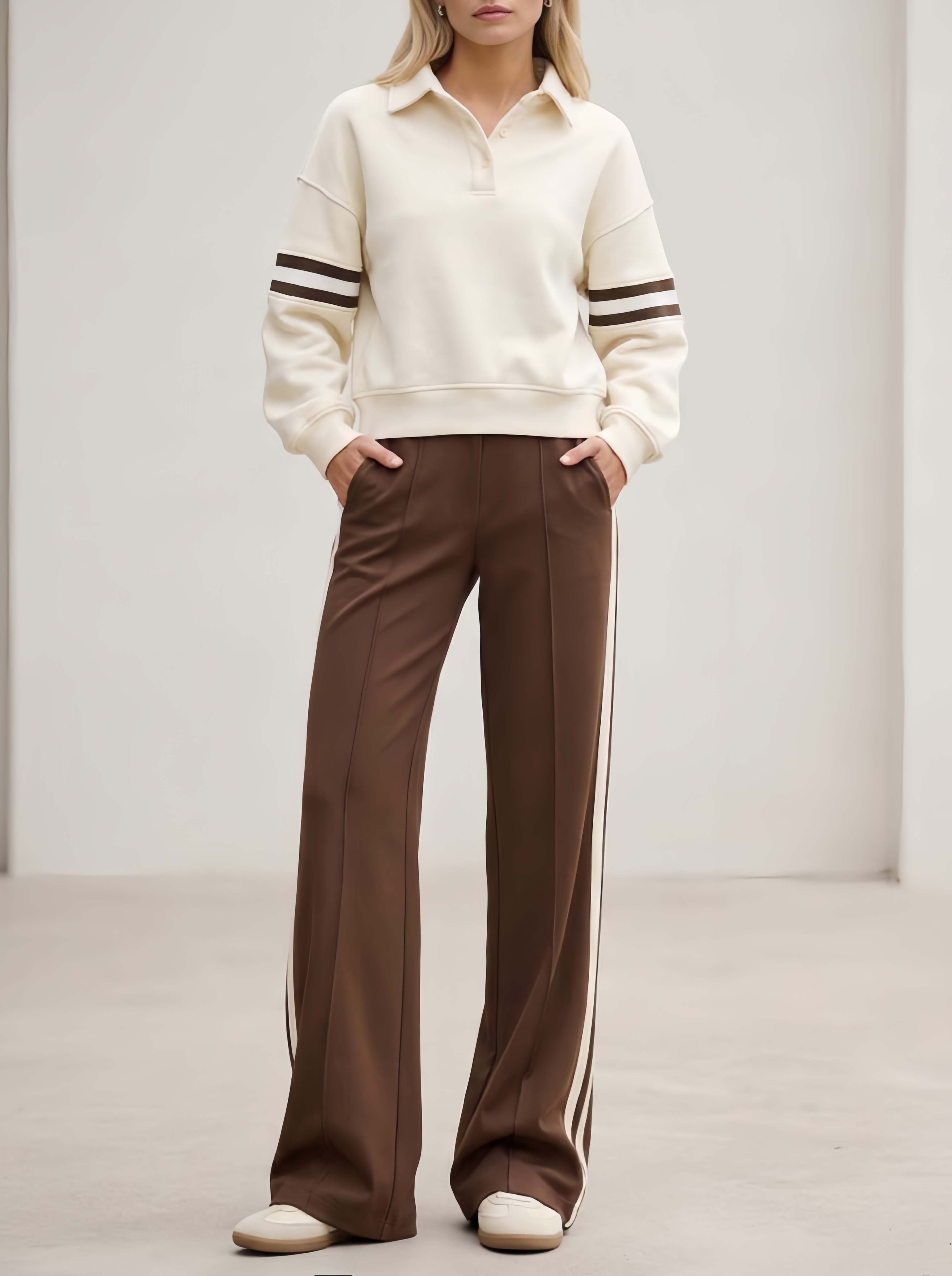 Stylish Sporty Off-white Collared Long-sleeve Top And Brown Trousers Set