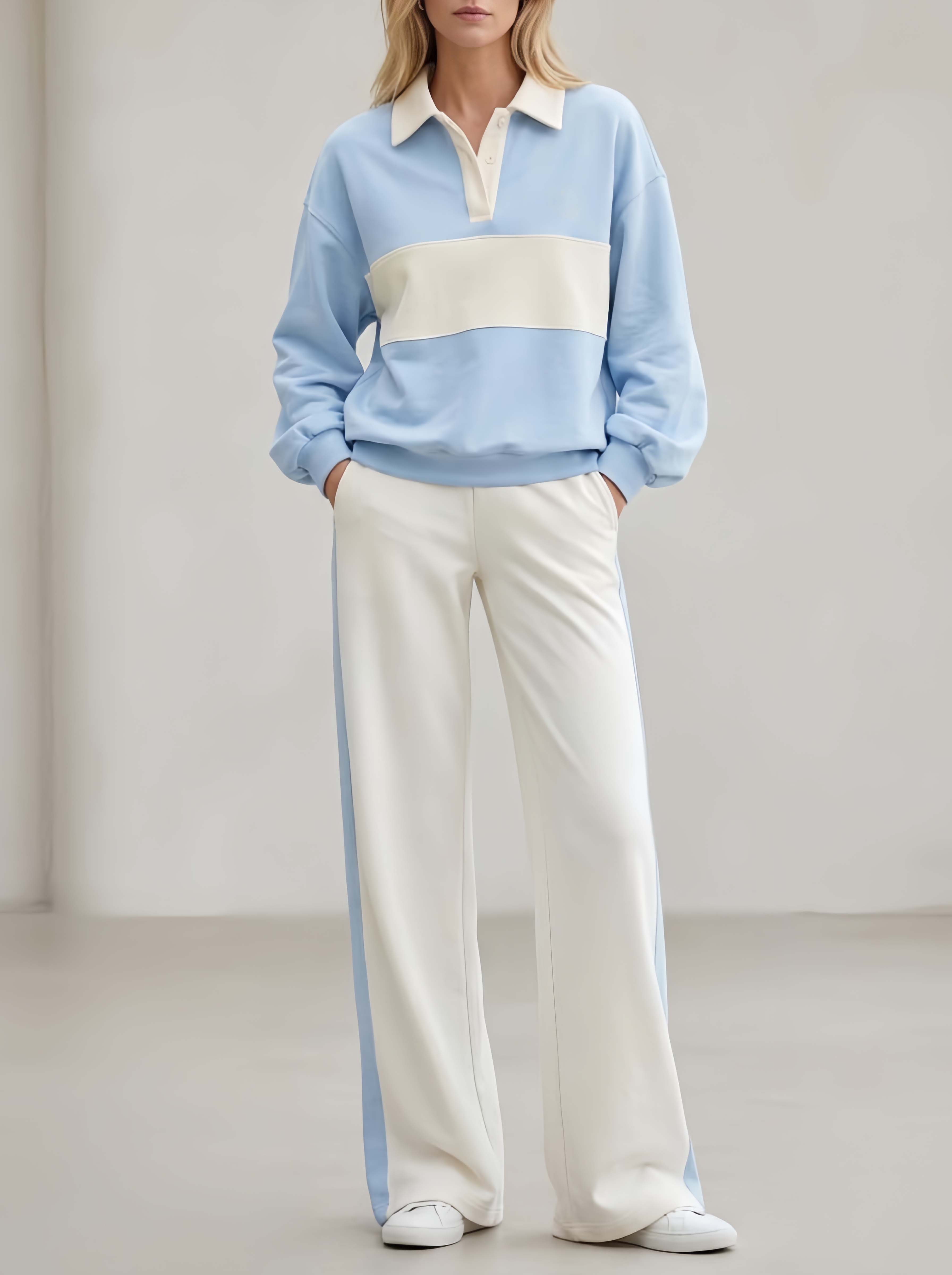 Stylish Casual Long-sleeved Top And Trousers Set In A Light Blue And White Color-block Design