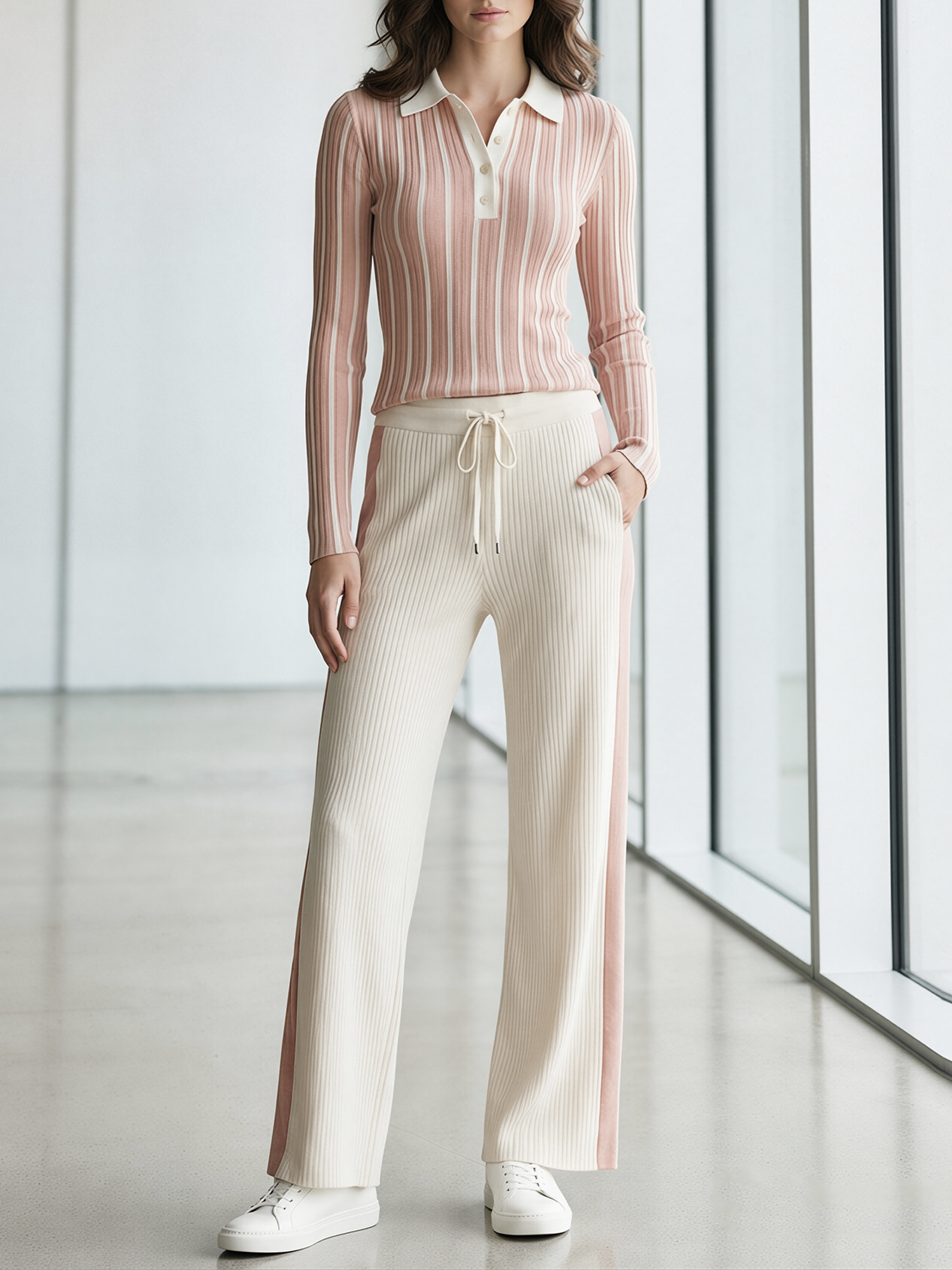 Pink White Stripe Polo Knit Top & Knit Wide-Leg Pants Set