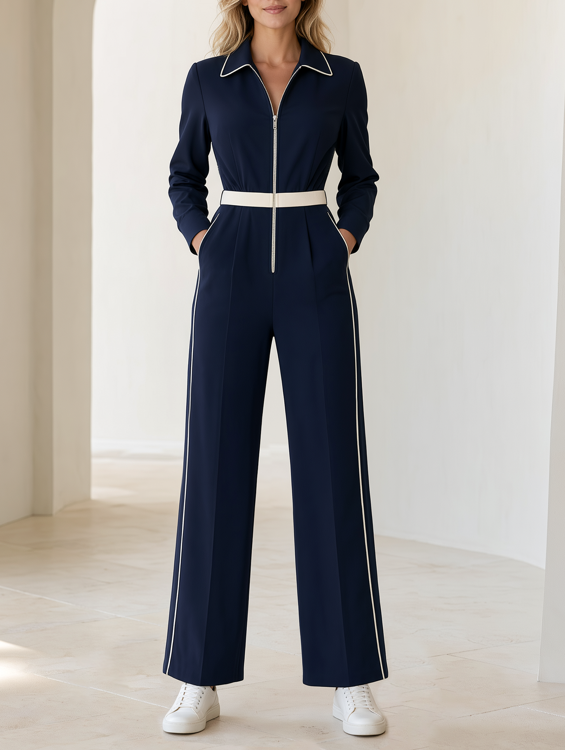 Navy Color-Block Front-Zip Waist-Cinched Jumpsuit