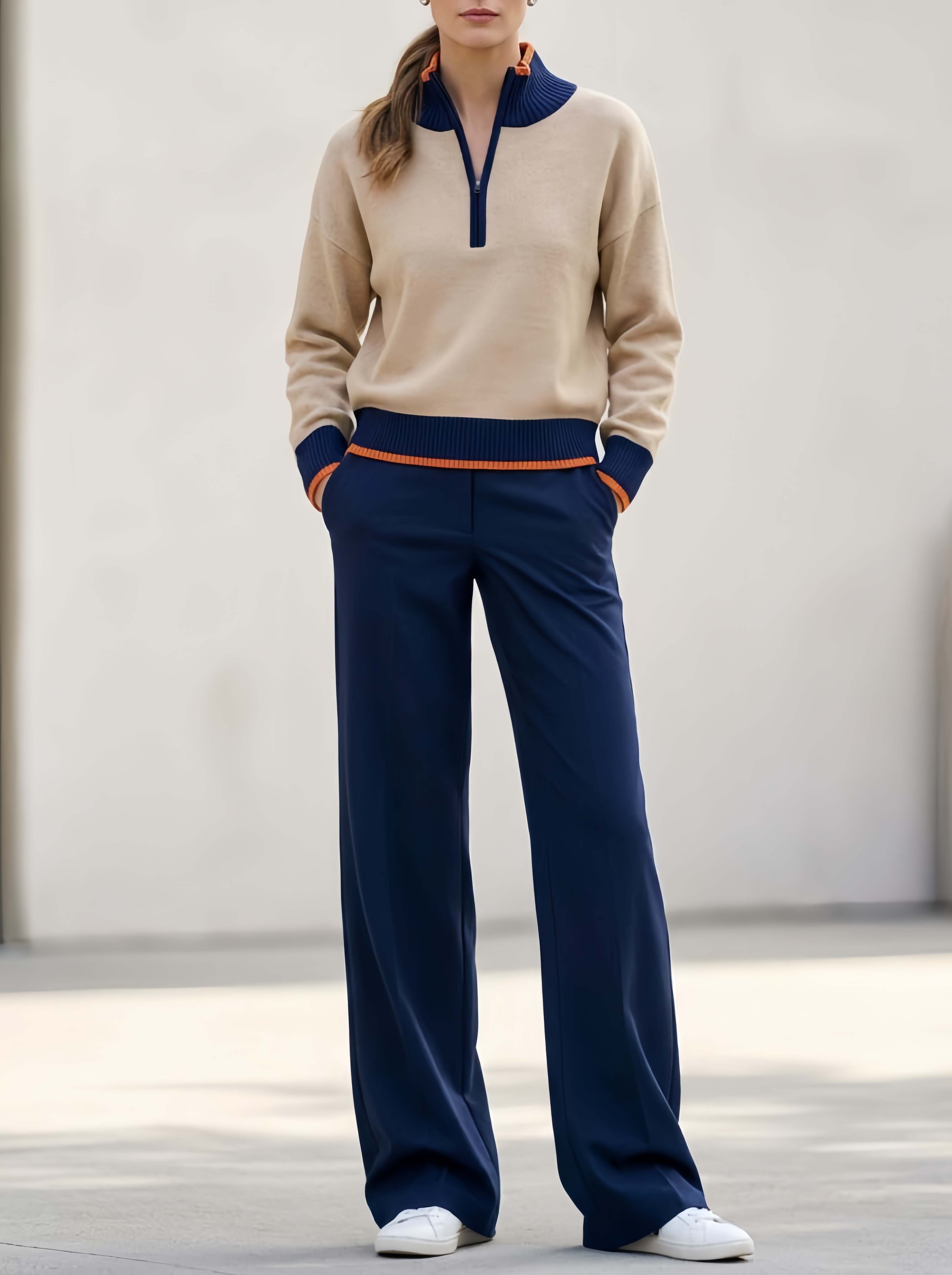 Stylish Casual Two-piece Set Featuring A Long-sleeved Top And Trousers In A Color-blocked Oatmeal And Navy Blue Design