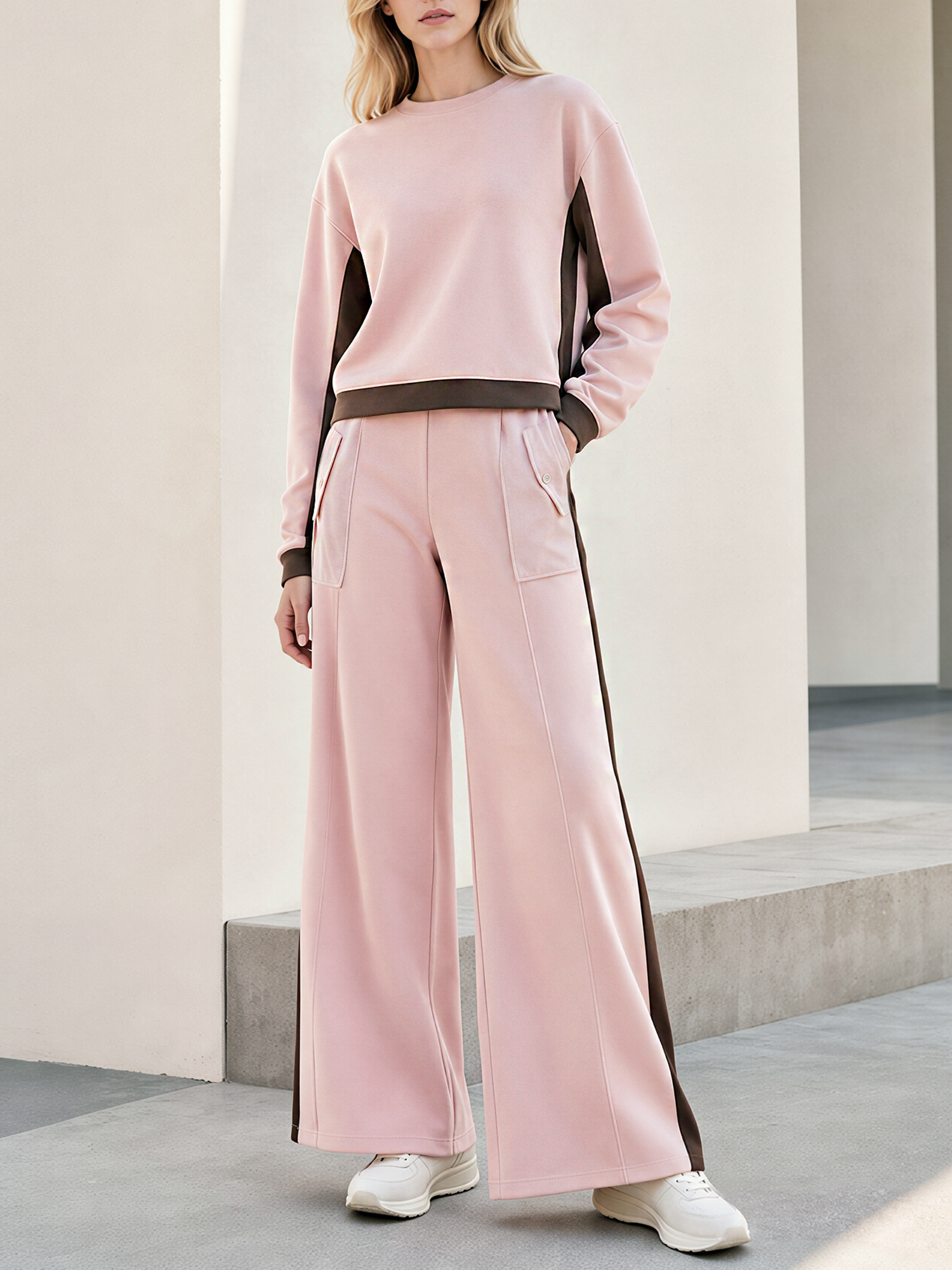 Pink Brown Color Block Crew Neck Sweat Top Wide-Leg Pants Set