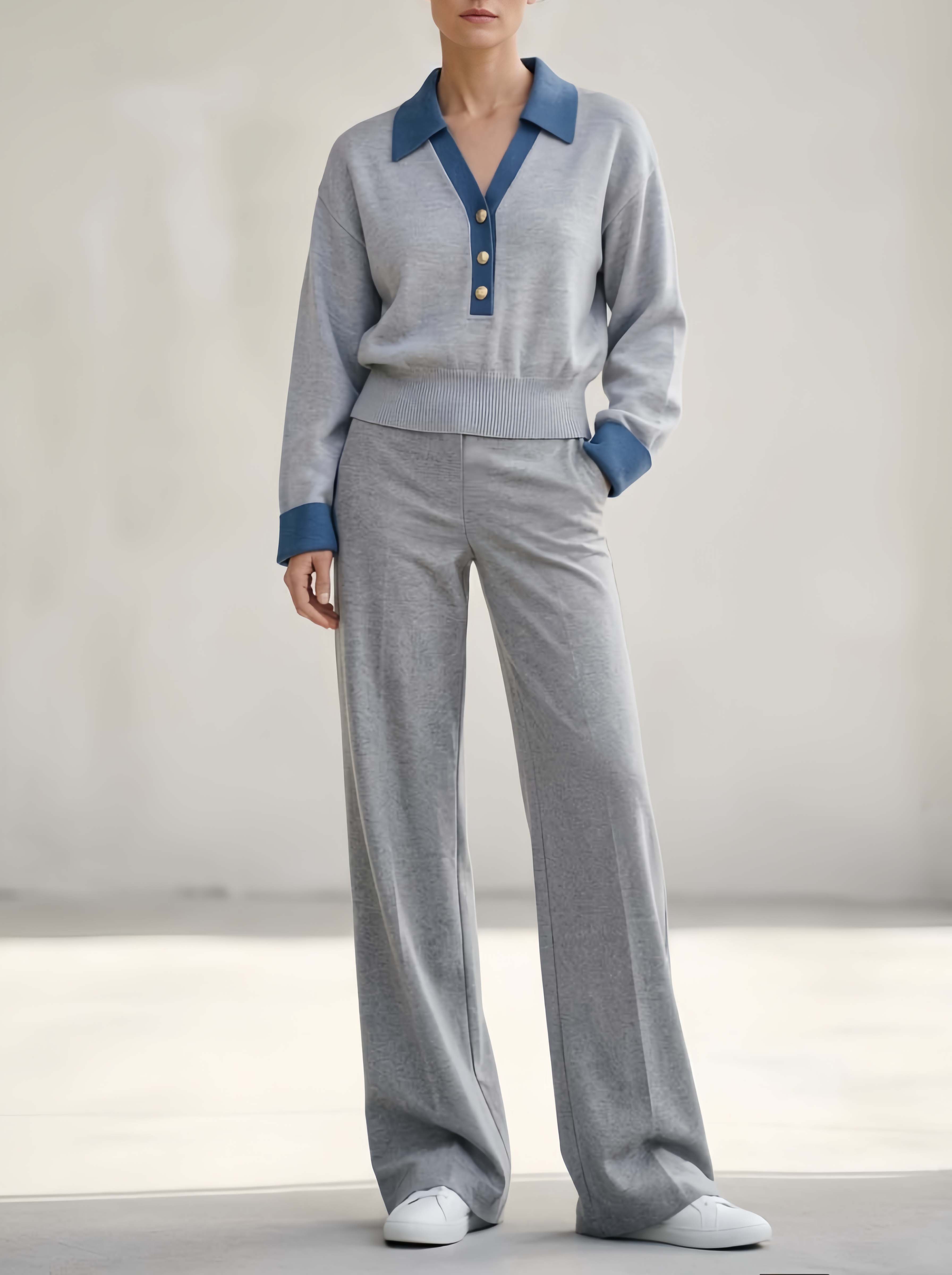 Chic Grey Collared Color-block Long-sleeve Top And Trousers Casual Set For Work And Leisure