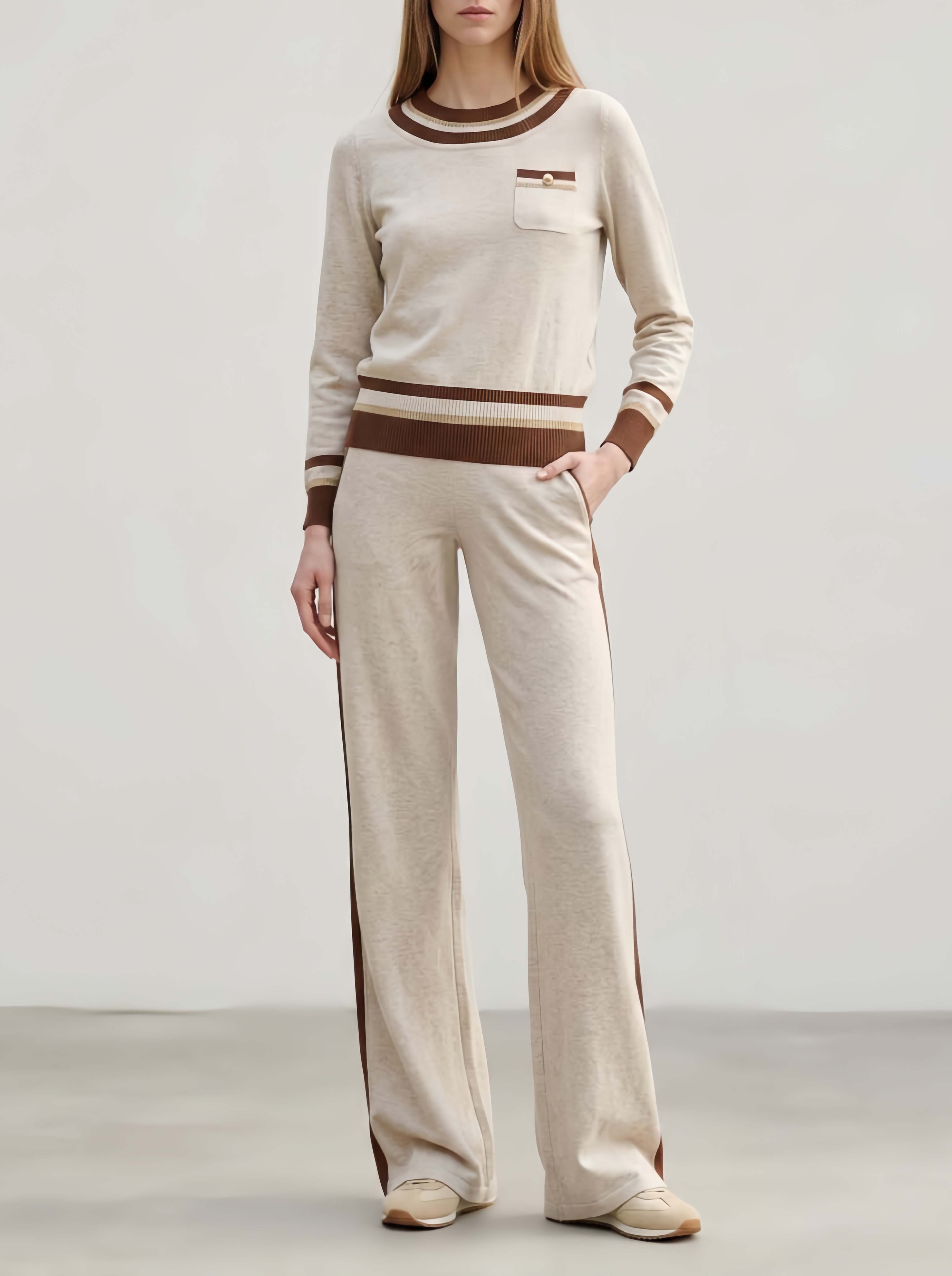Casual-chic Oatmeal Color-block Long-sleeve Top And Trousers Set