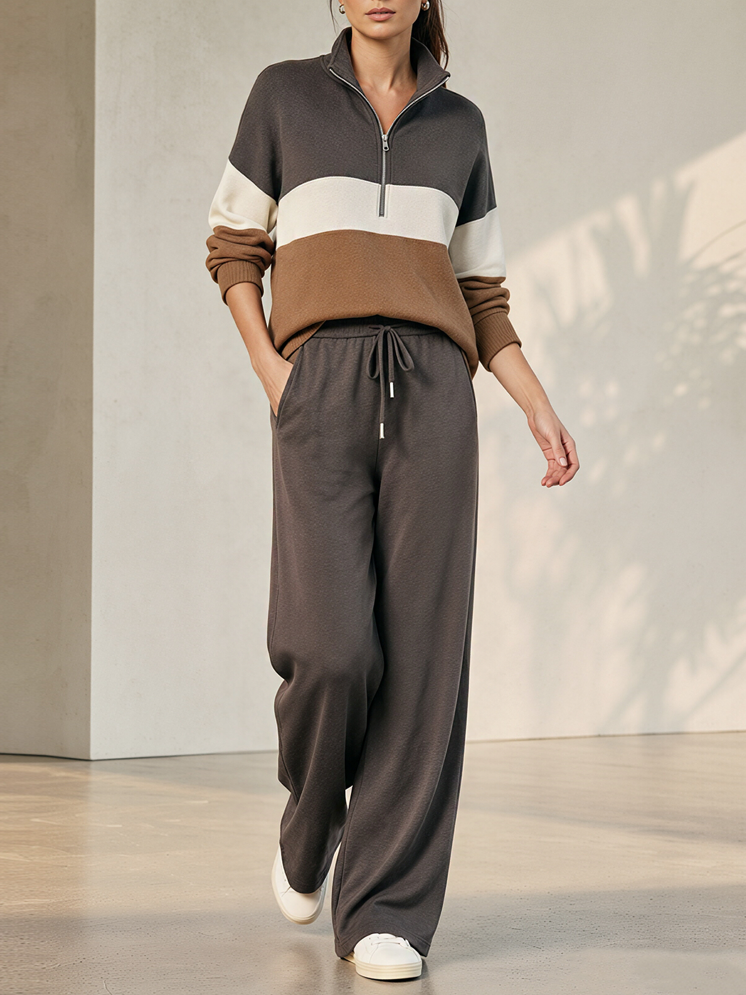 Brown Color Block Half-Zip Stand Collar Top & Drawstring Wide-Leg Pants Set