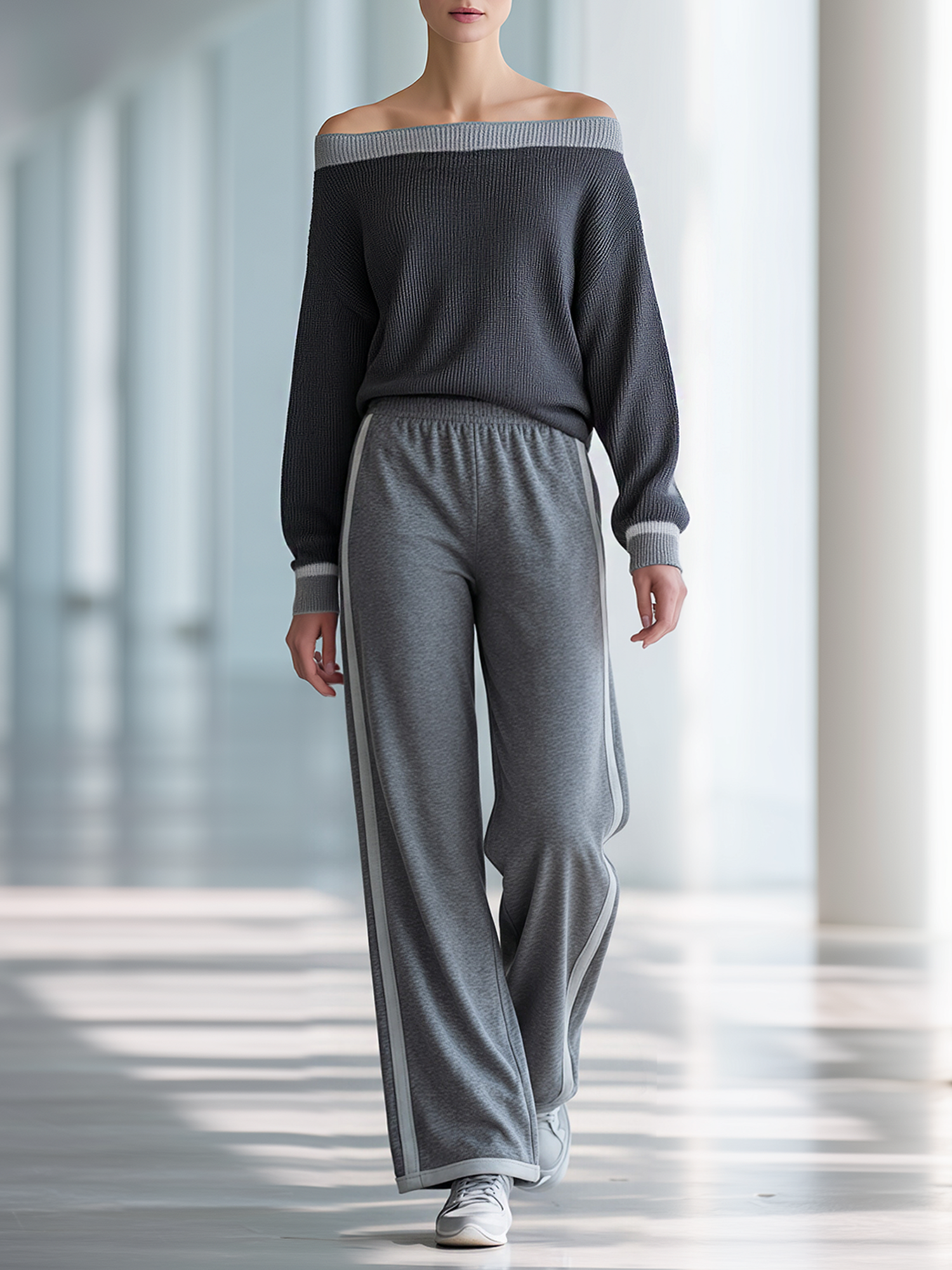Dark Gray Off Shoulder Knit Top & Side Stripe Wide-Leg Pants Set